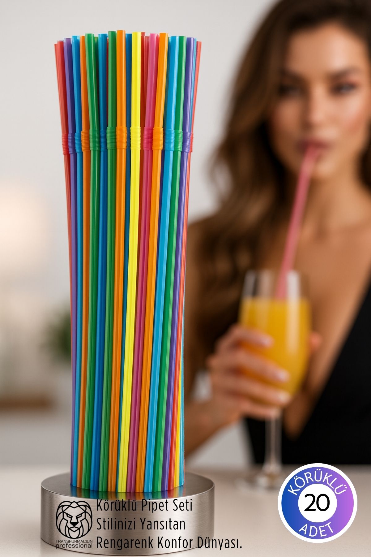 Gökkuşağı Serisi: 20’li Esnek Körüklü Lüx İçecek Pipeti – 22 cm Premium Sunum Seti 