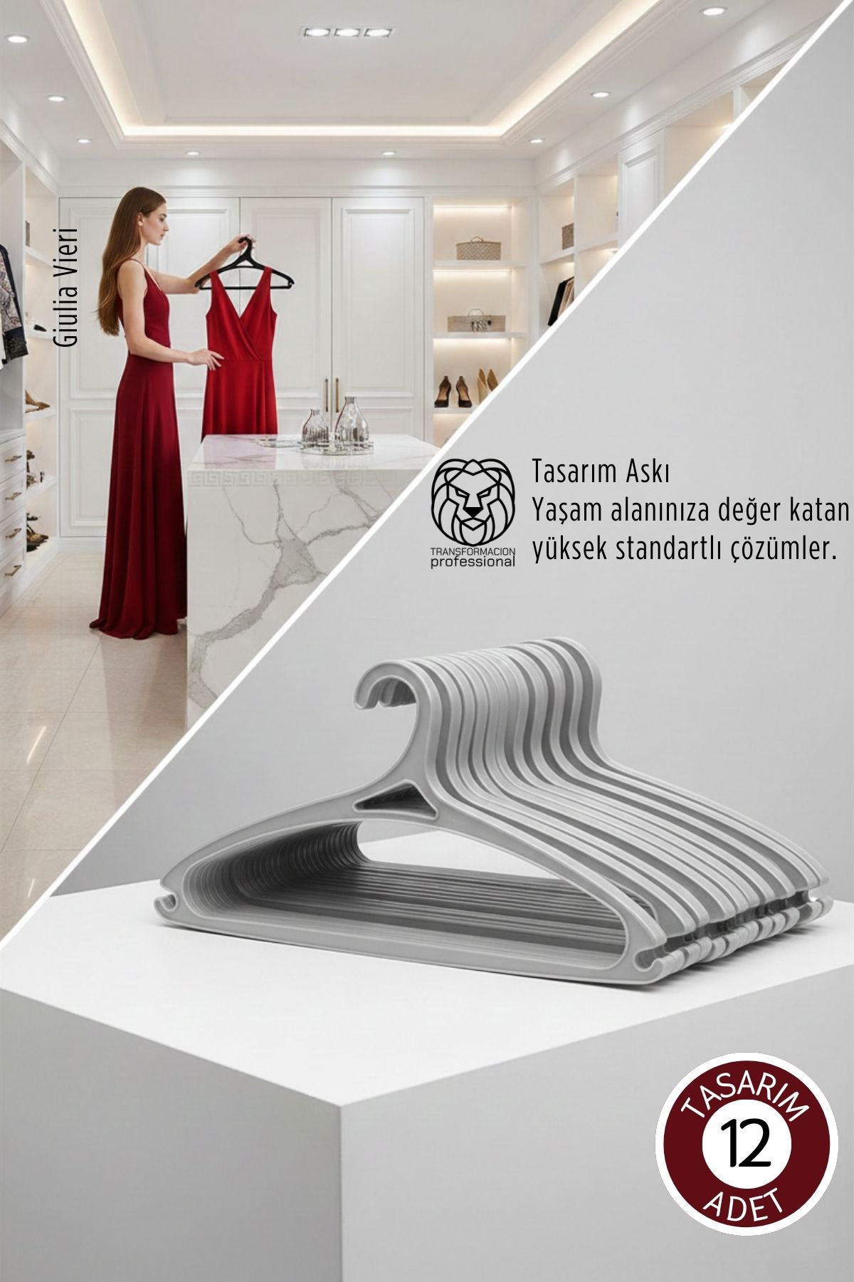 Giulia Vieri Selection: 12'li Premium İtalyan Tasarım İnce Siluet Kaymaz Elbise Askısı Seti GRİ 