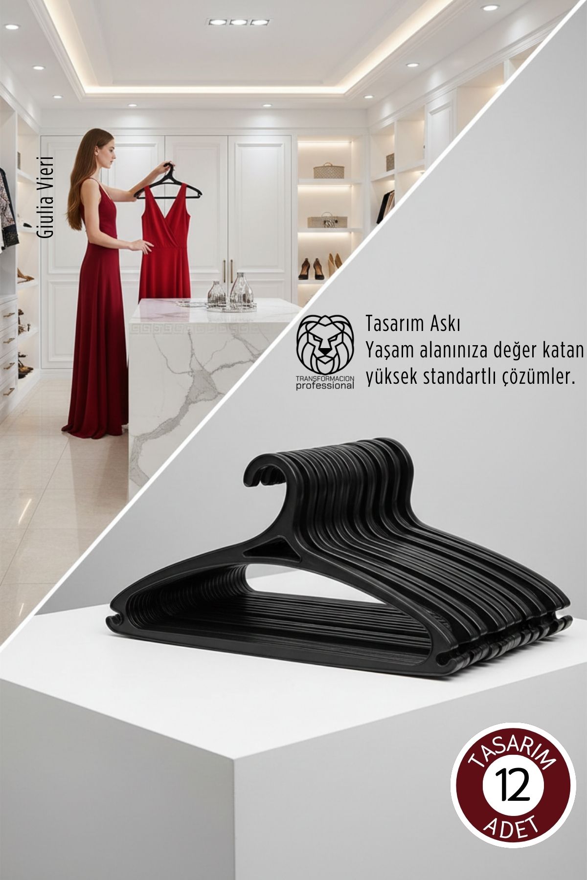Giulia Vieri Selection: 12'li Premium İtalyan Tasarım İnce Siluet Kaymaz Elbise Askısı Seti SİYAH 