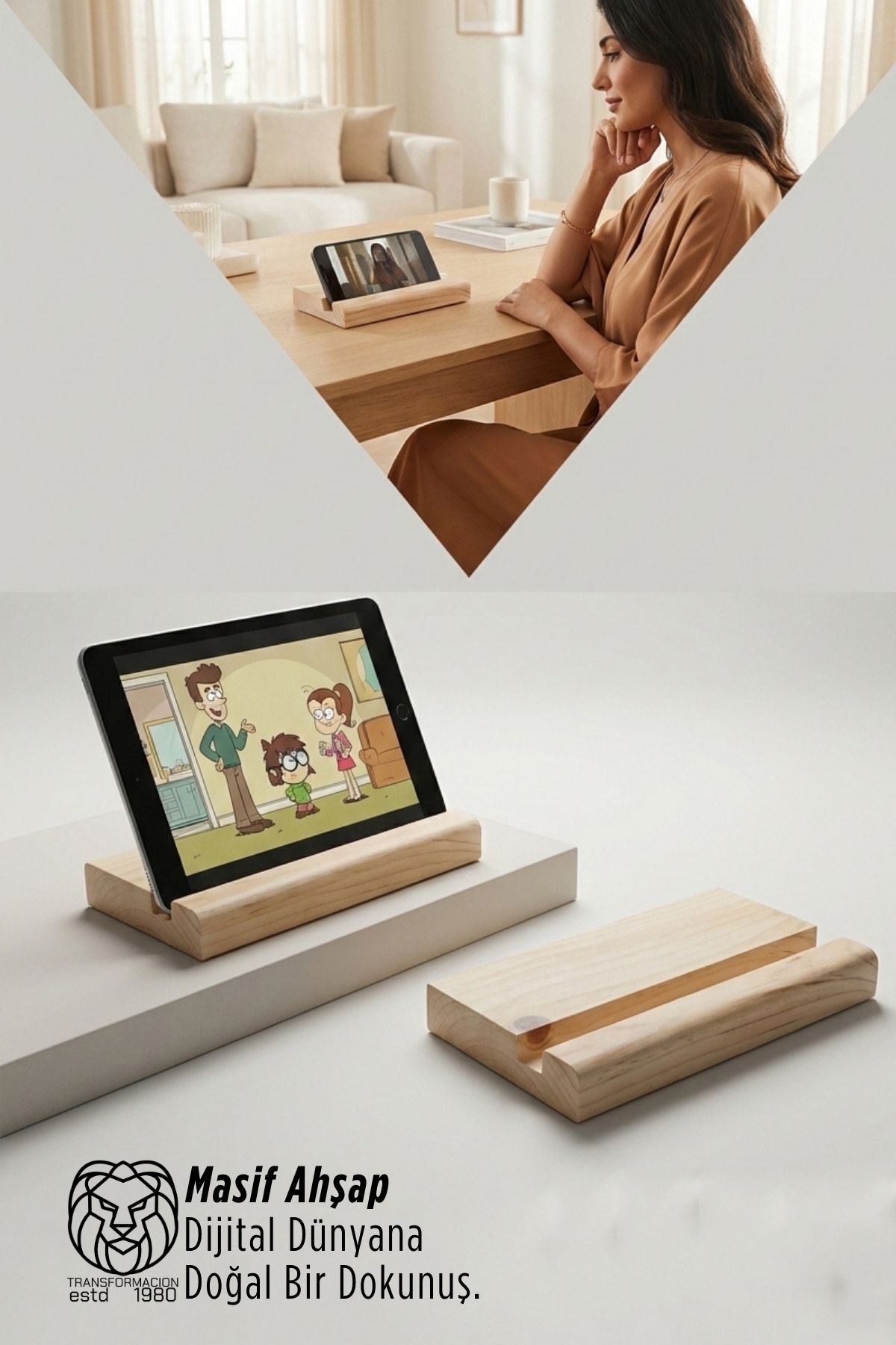 Masif Ahşap Tablet Standı ve Telefon Tutucu – Estetik Ergonomi 722866