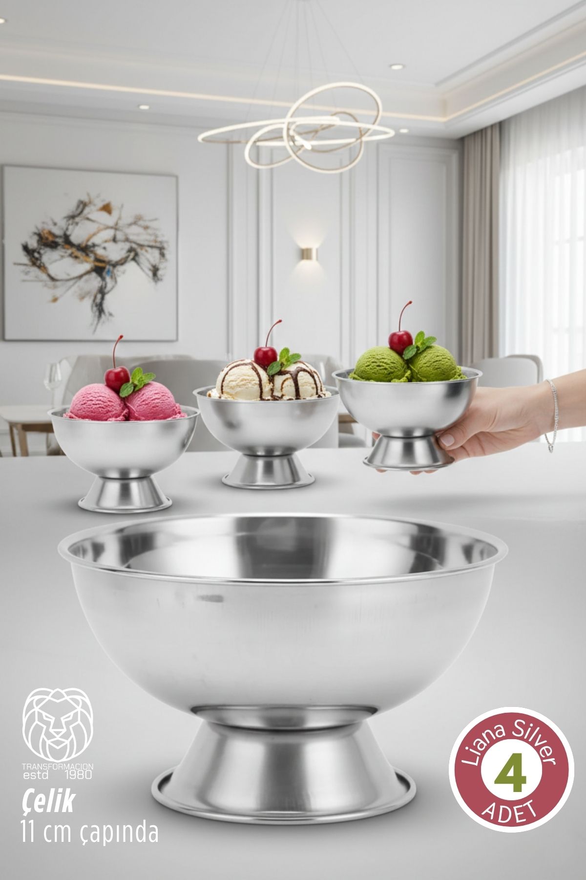 4 lü Liana Silver Paslanmaz Çelik Ayaklı Dondurma ve Sunum Kasesi - 11 cm 722883