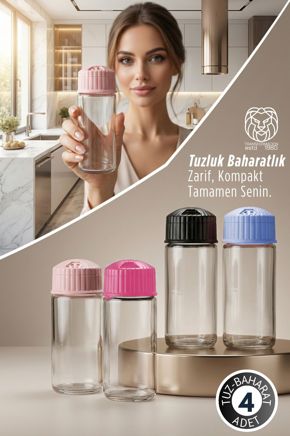 Francesca 4’lü Cam 14,5 cm Baharatlık ve Tuzluk Seti - Kristal Cam Gövdeli Modern Mutfak Seti 722872