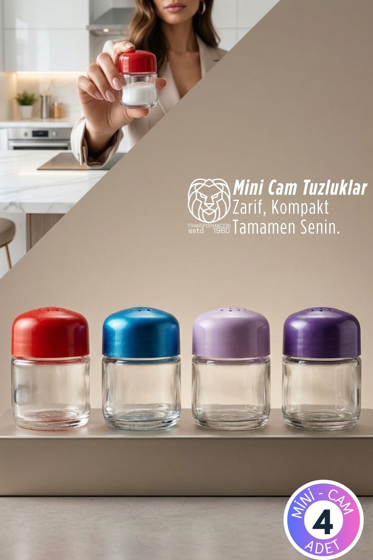 Sofia Valli Serisi 4’lü Renkli Kapaklı Cam Mini Tuzluk ve Baharatlık Seti 6x4 cm 722869