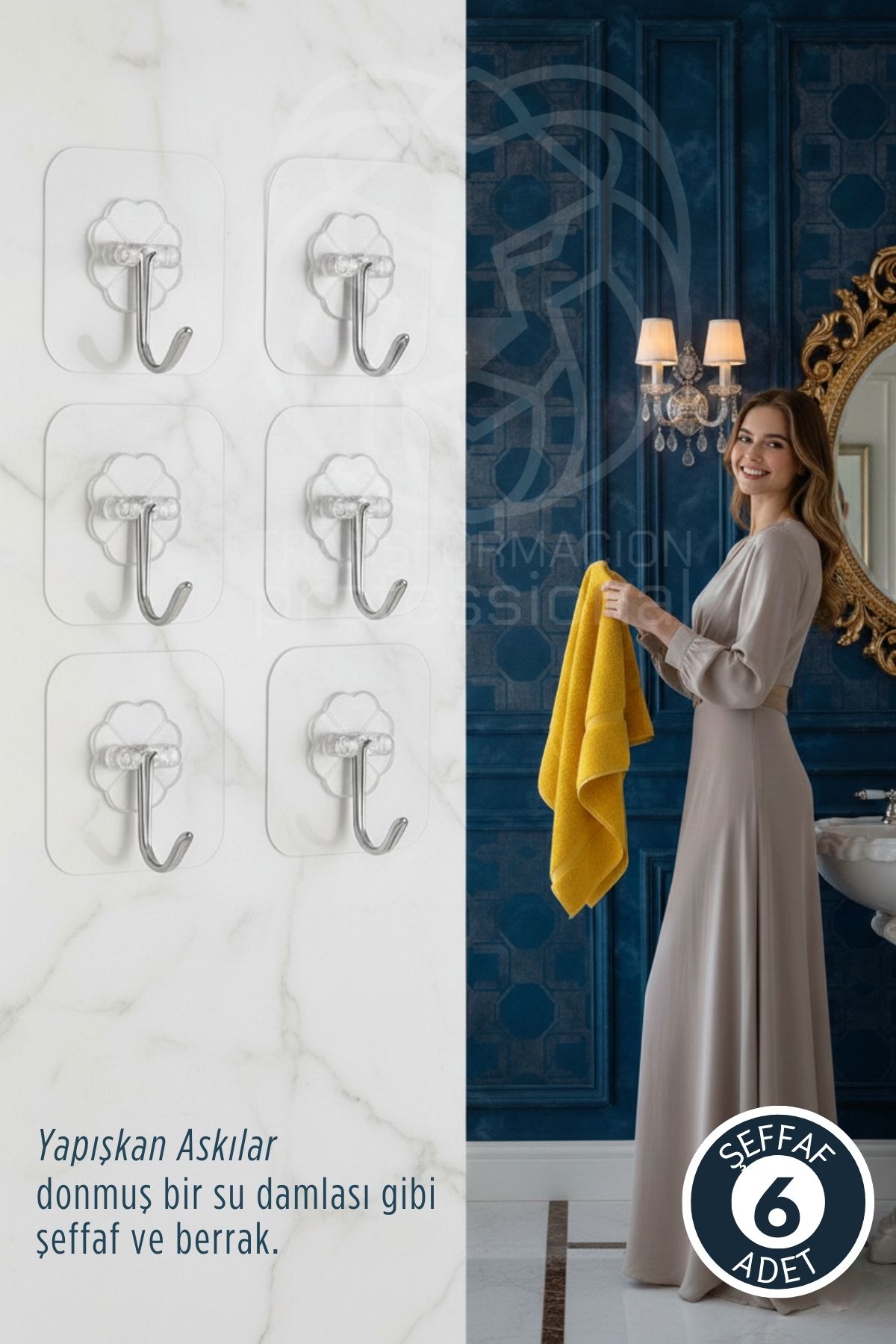 6 lı Şeffaf Yapışkanlı Askı, Mutfak Banyo Duvar Askısı, Çivisiz Pratik Kanca Seti 722803