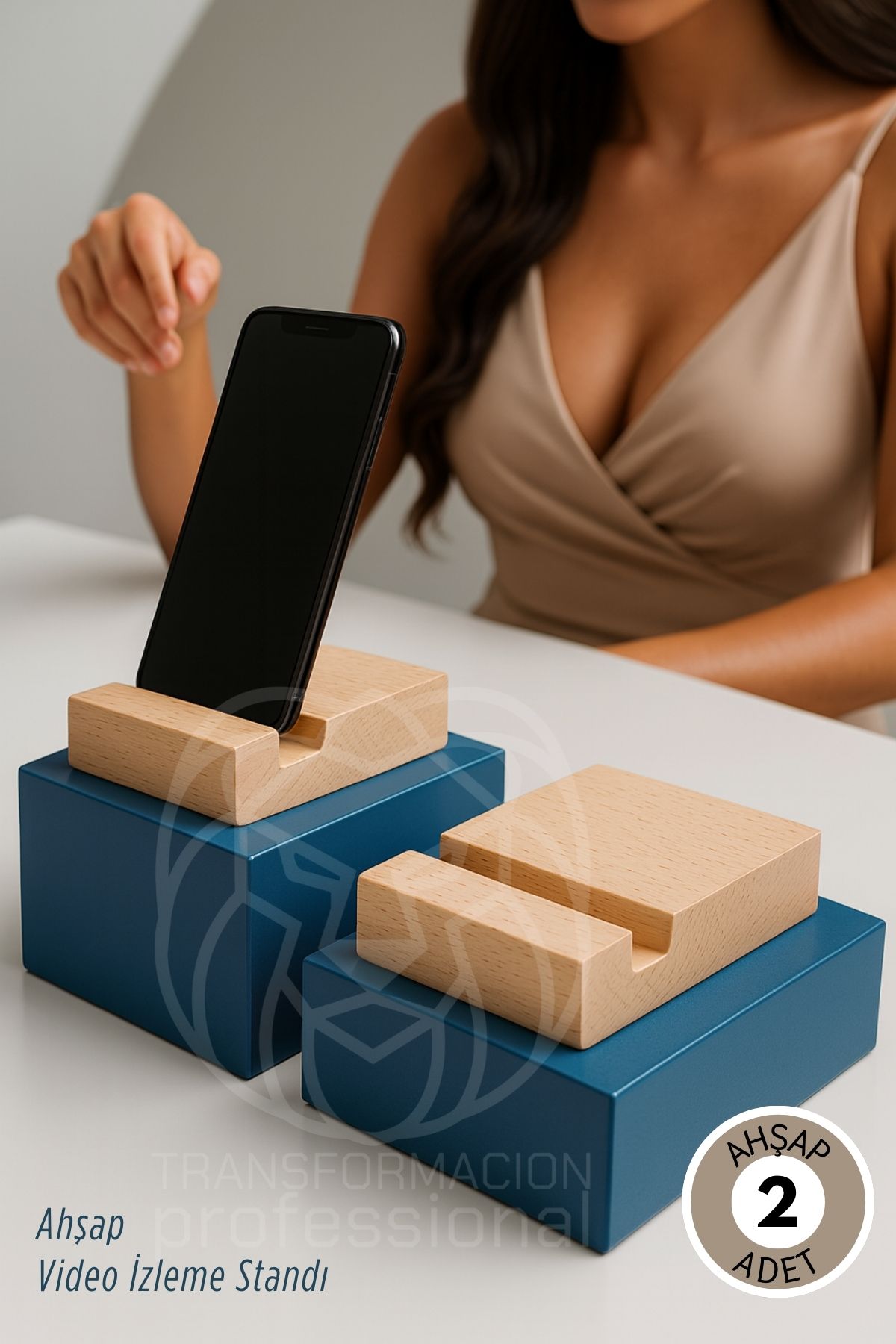 Elit Ahşap Masaüstü Telefon Standı - 2'li Set, Doğal Doku & Minimalist Tasarım 722802