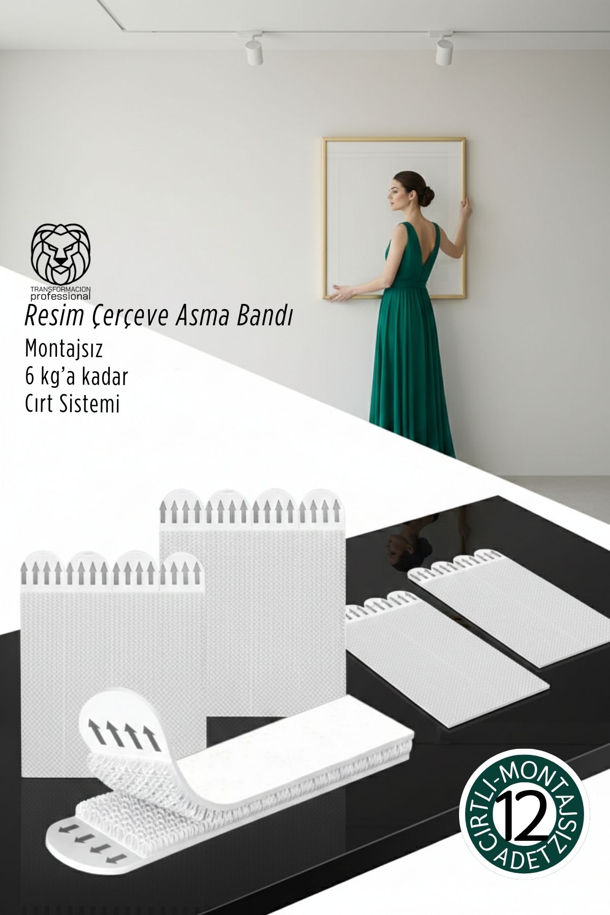 Güçlü Resim Çerçeve Asma Bandı 12'li Set - 6Kg Taşıma Kapasiteli Duvar Delmeyen Cırt Sistemi 722793