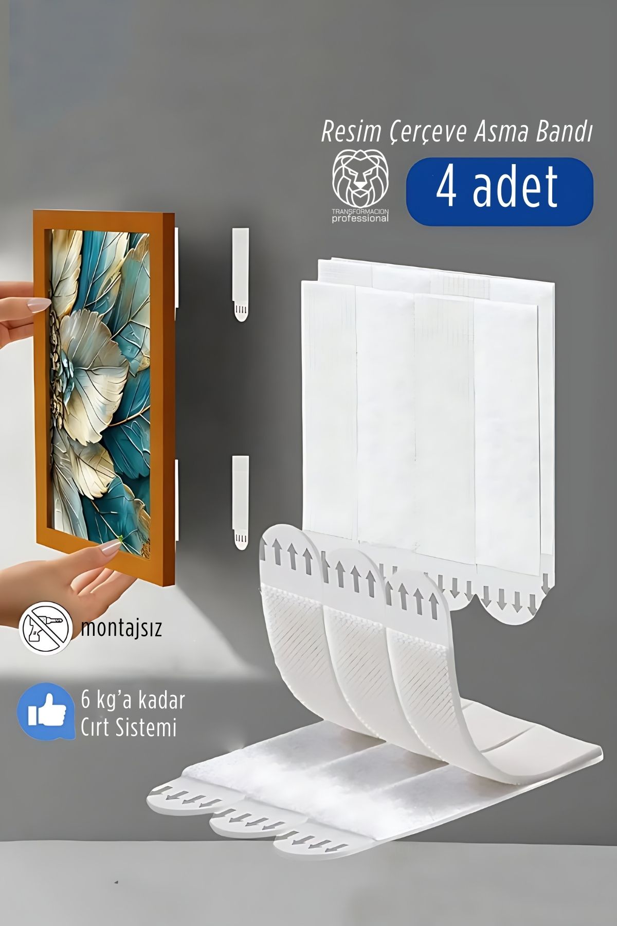 Güçlü Resim Çerçeve Asma Bandı 4'lü Set - 6Kg Taşıma Kapasiteli Duvar Delmeyen Cırt Sistemi 722792