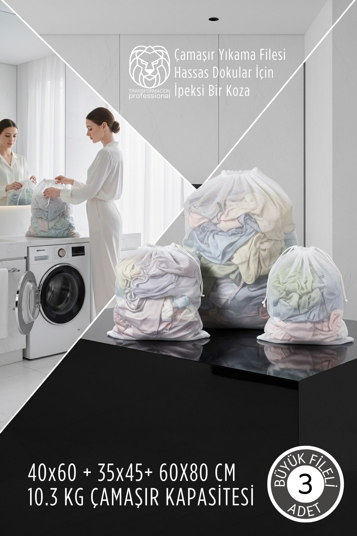 3 boy Lüks Çamaşır Yıkama Filesi Seti - Giysi Koruma Sanatı  10.3 kg kapasite 722759