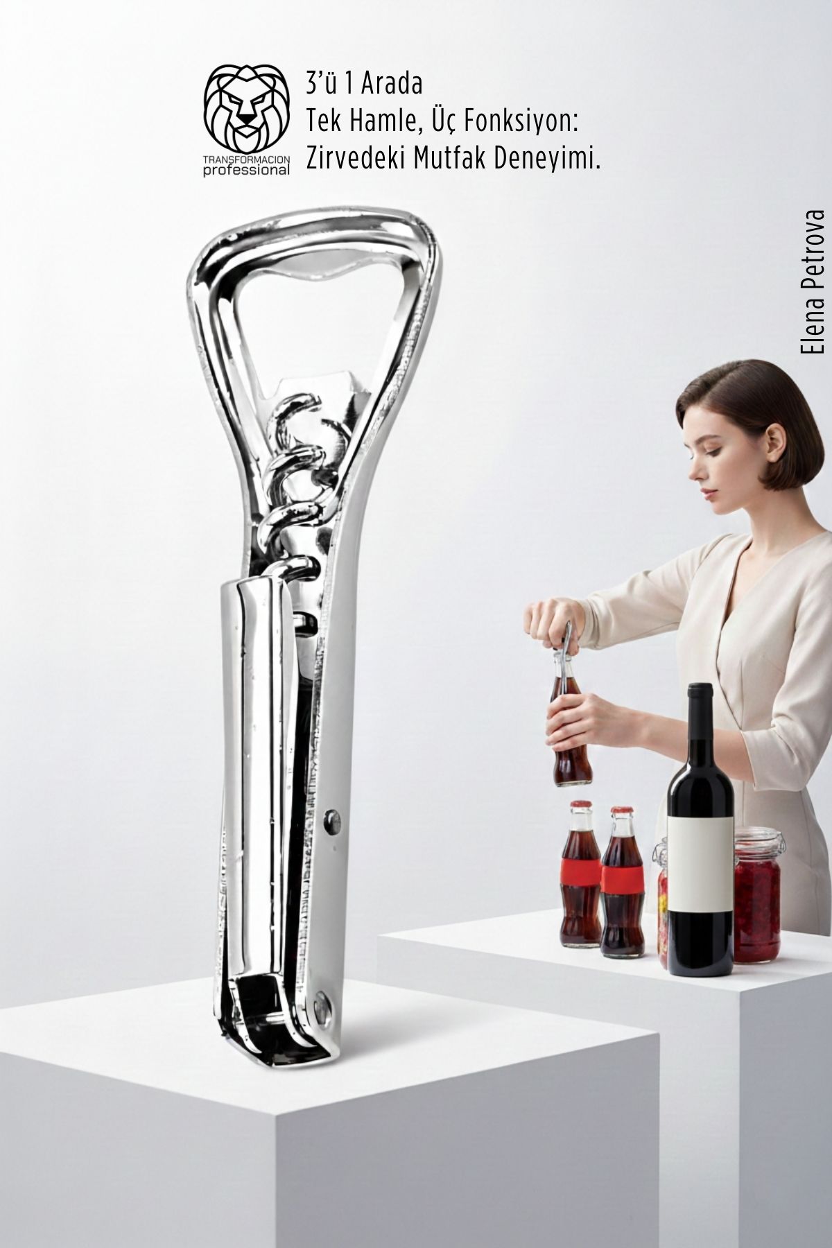 3’ü 1 Arada Profesyonel Çelik Tirbüşon: Lüks Şişe ve Kavanoz Açacağı Kombine Set 722744