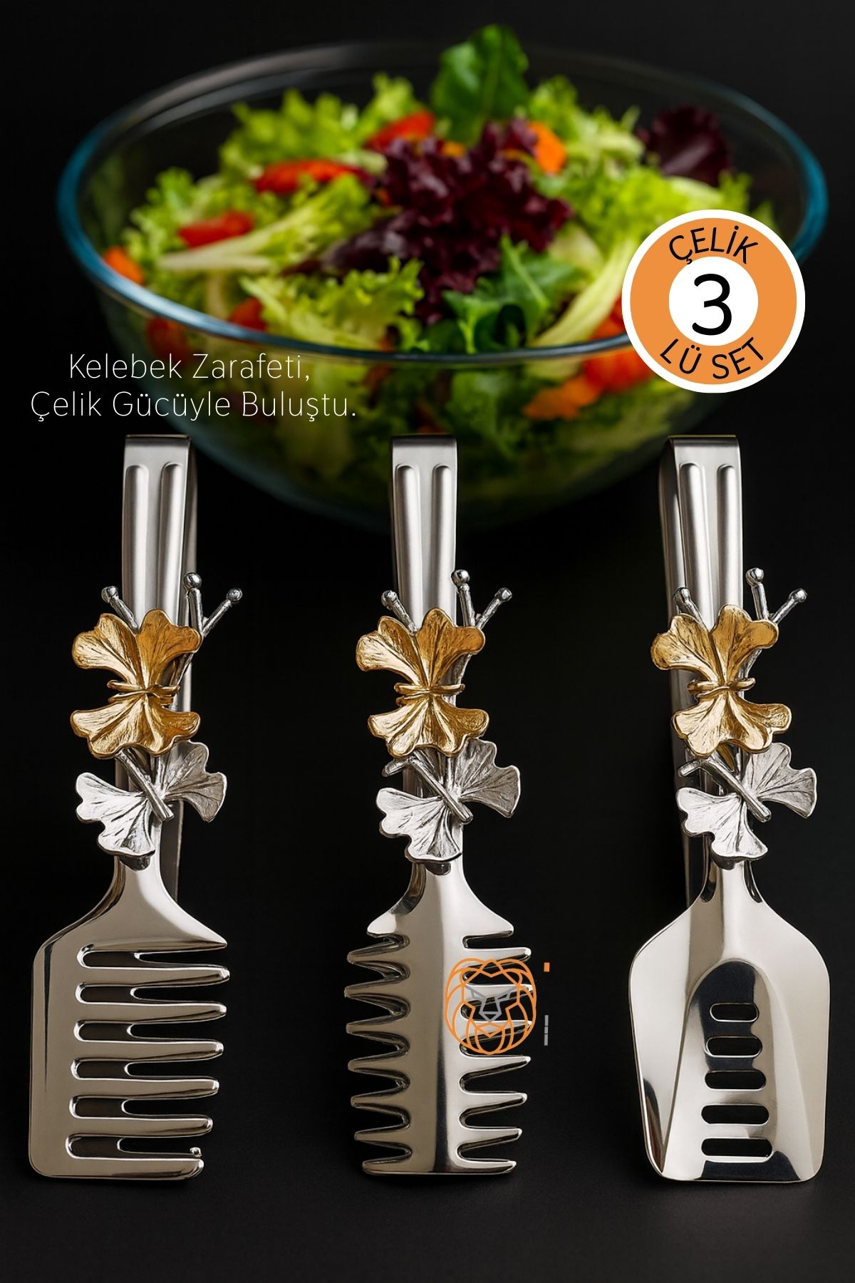 Kelebek Figürlü 3’lü Paslanmaz Çelik Servis Maşası Seti - Salata, Pasta ve Izgara Maşası 722696