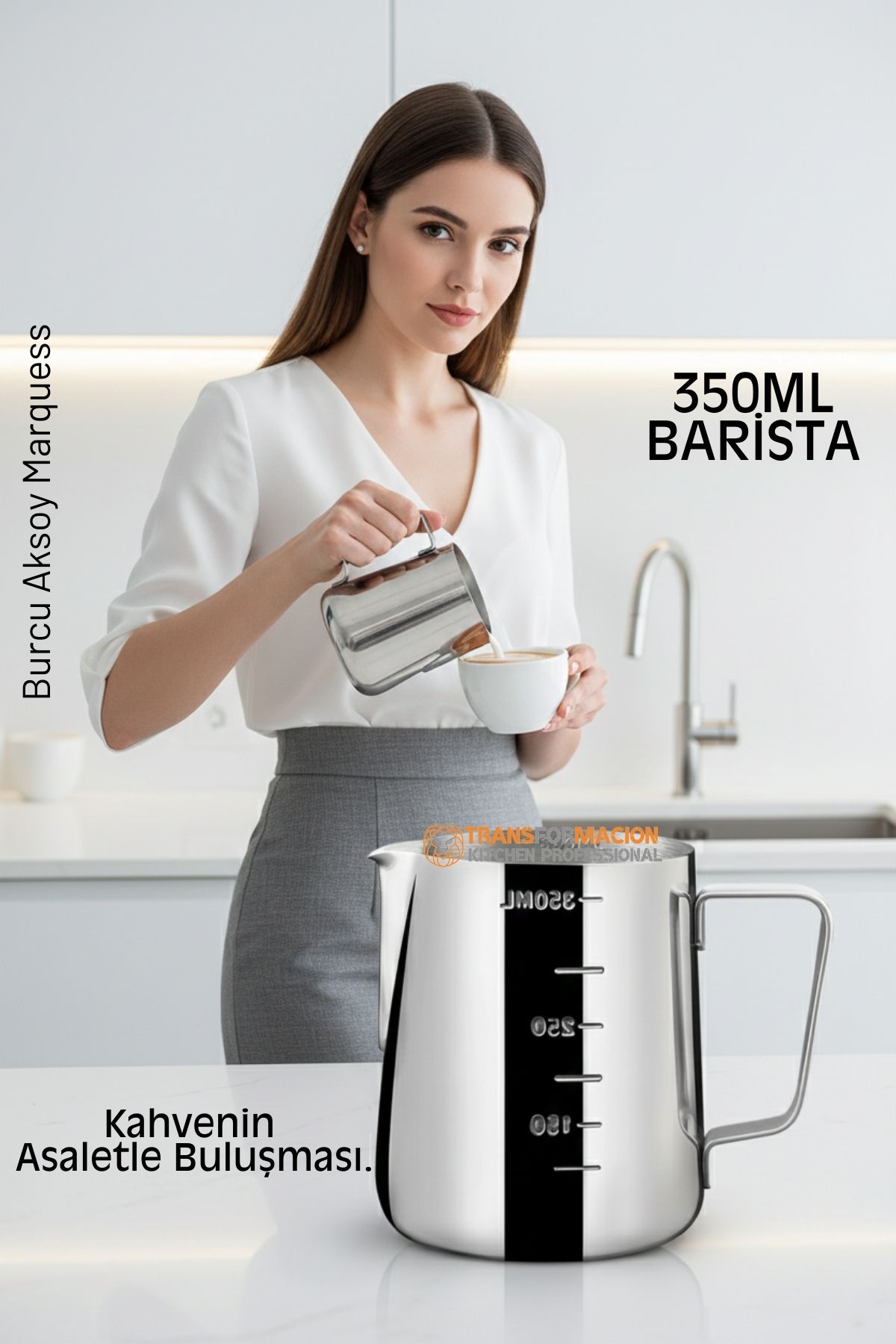 İnox 350ml Barista Süt Sürahisi - Süt Köpürtme Potu -  Paslanmaz Çelik  722675
