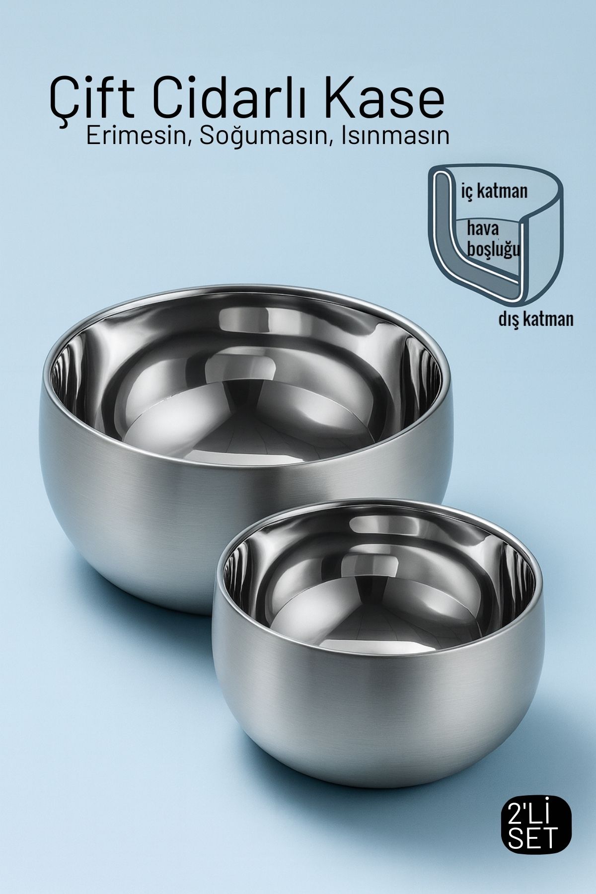 Çift Cidarlı Isı Yalıtımlı 2’li Lüks Kase Seti (16cm & 18cm) Premium 304 Paslanmaz Çelik 722667