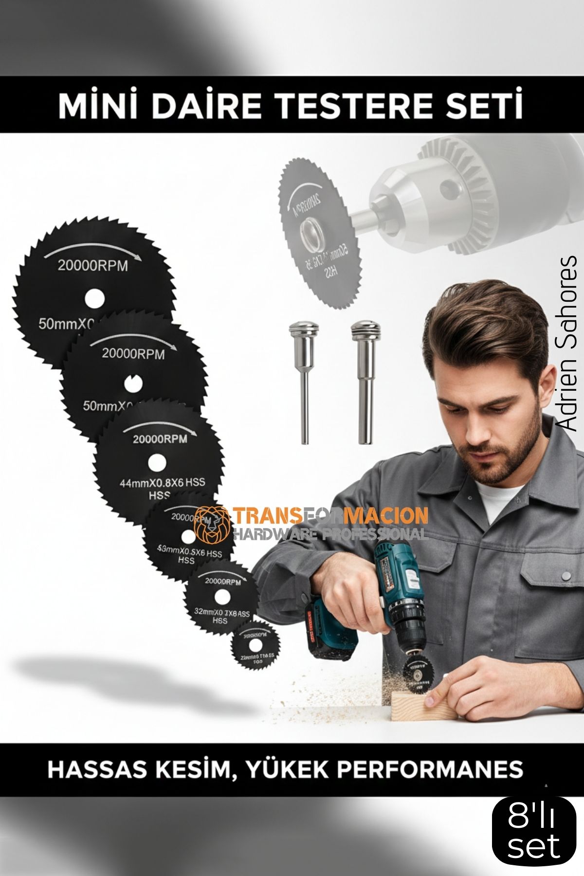 8'lı Karbür Çelik Mini Daire Testere Seti - HSS Döner Kesici Bıçak ve Mandren Takımı 722638