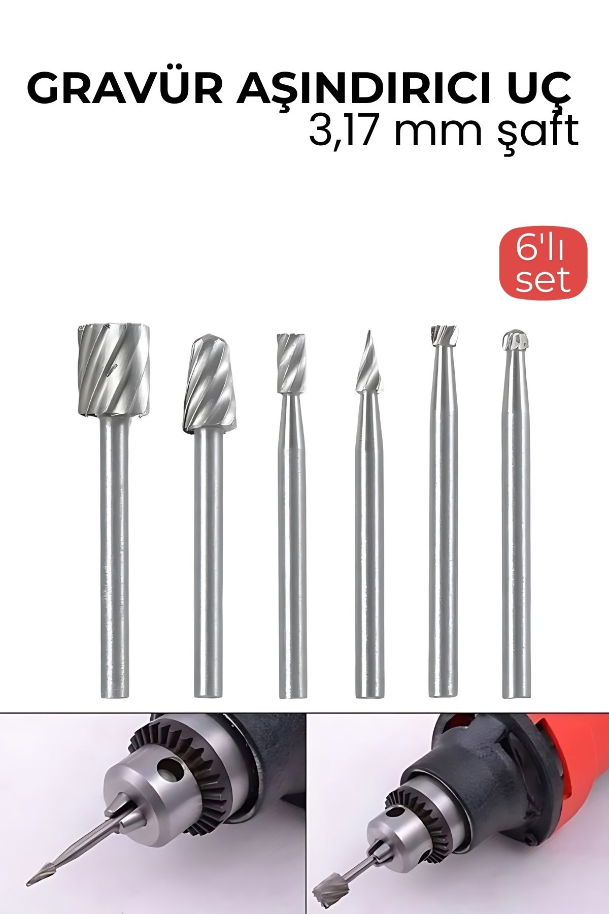 Premium 6’lı Karbür Gravür ve Taşlama Uç Seti – 3.17mm Şaft Profesyonel Oyma ve Aşındırma Seti 722640