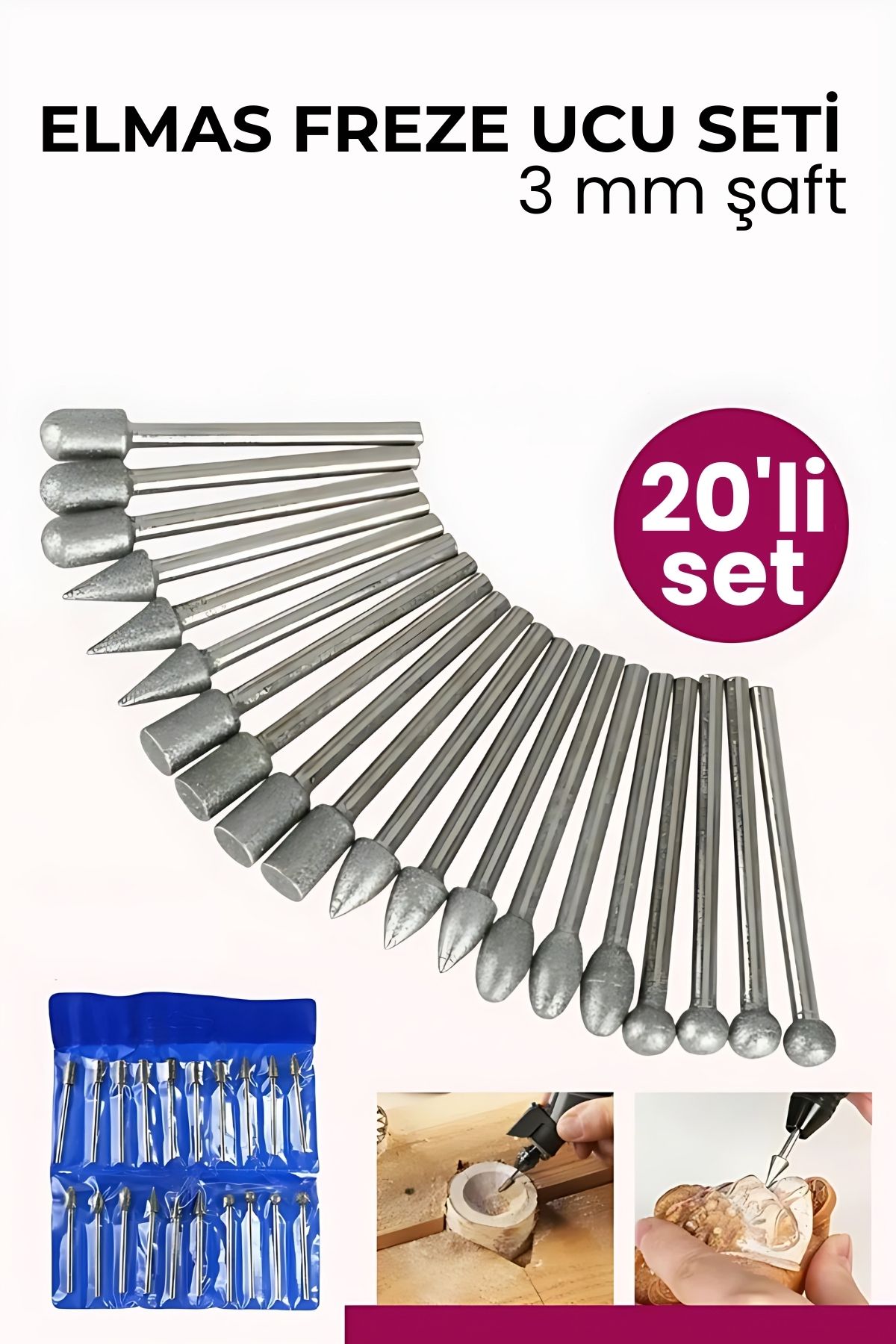 20 Parça Profesyonel Elmas Freze Ucu Seti - 3mm Şaft Gravür, Taş ve Cam İşleme Taşlama Seti 722641