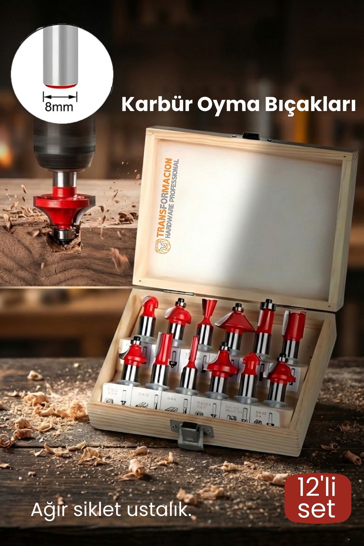 Profesyonel 12'li Ahşap Freze Ucu Seti 8mm Şaft | Rulmanlı Karbür Oyma Bıçakları Ahşap Kutulu 722627