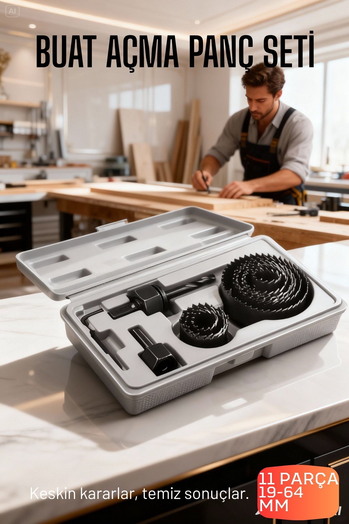 11 Parça Profesyonel Panç Buat Açma Seti - Ahşap ve Alçıpan Delme Testere Seti (19-64 mm) 722608