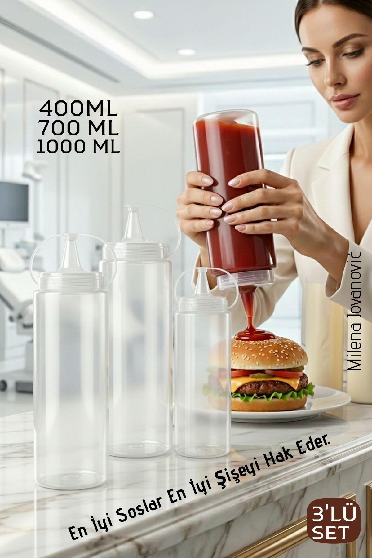 3'lü Sos Şişesi, Ketçap Mayonez Hardal ve Zeytinyağı Şişesi 400 ml,700 ml, 1000 ml Set 722598