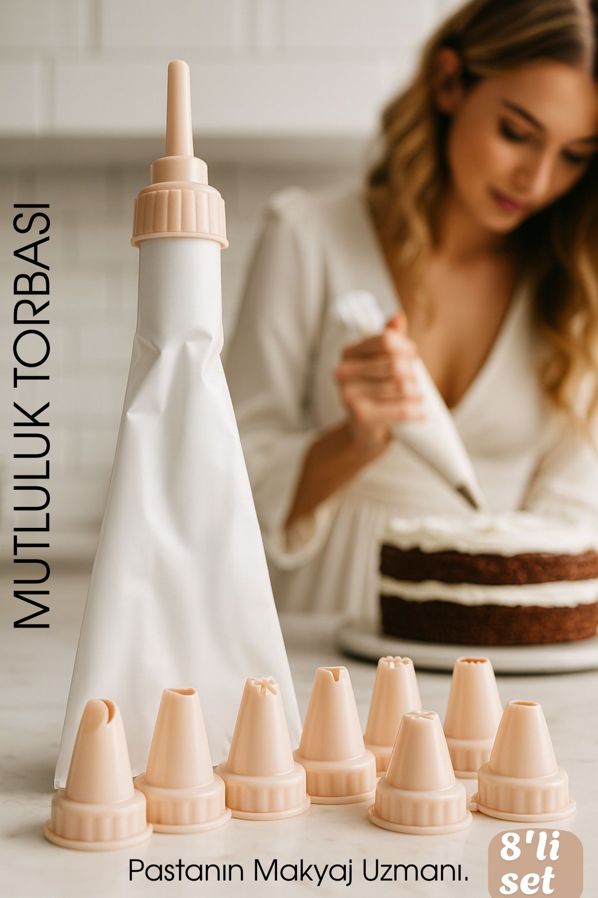 Profesyonel 8'li Krema Sıkma Torbası Seti | Pastacılık Dekorasyon Uçları ve Fırfır Başlıkları 722556
