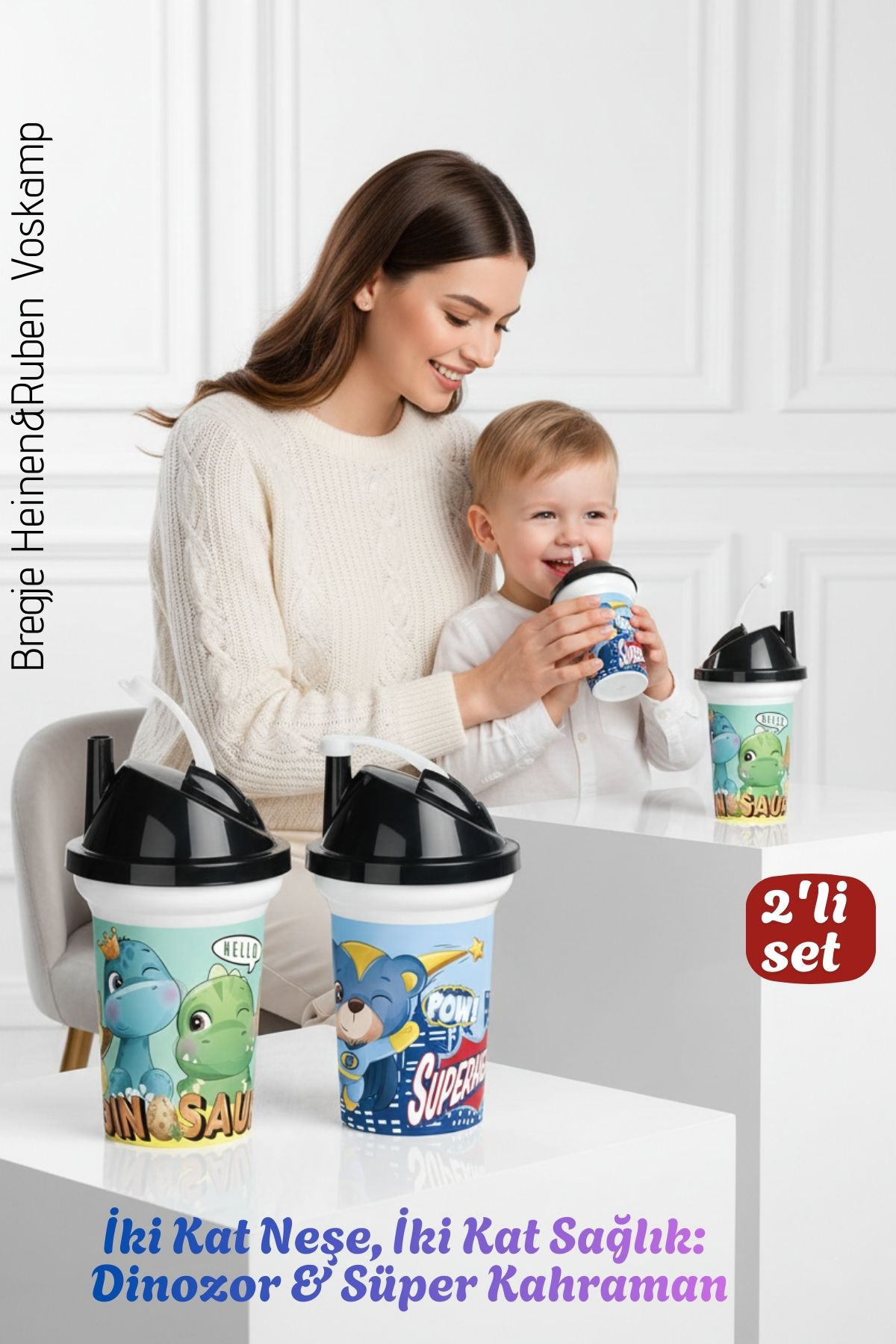 Çocuk Pipetli Bardak Seti 2'li Dinozor & Süper Kahraman İkili Eğlenceli Kapaklı Suluk Matara 300 ml 722550