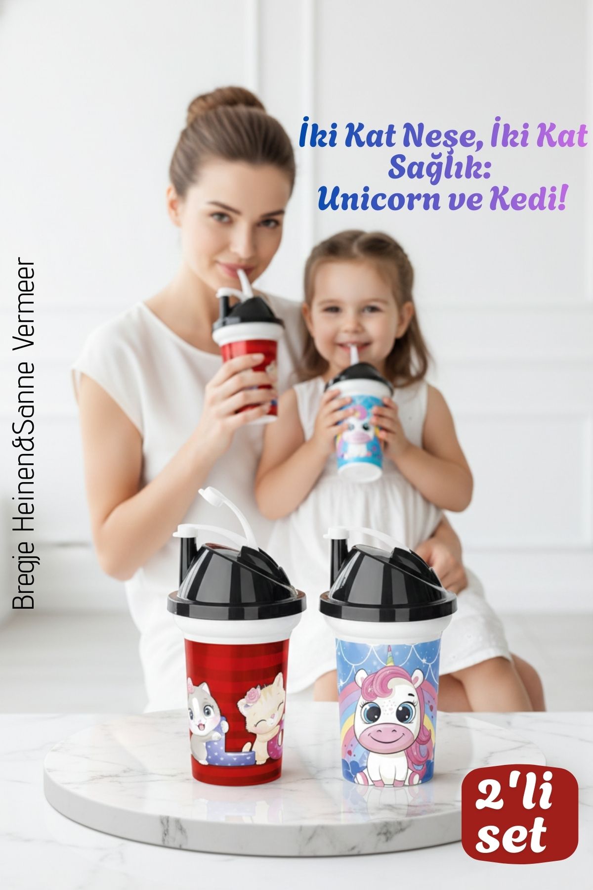 Çocuk Pipetli Bardak Seti 2'li Unicorn & Kedi Figürlü İkili Eğlenceli Kapaklı Suluk Matara 300 ml 722549
