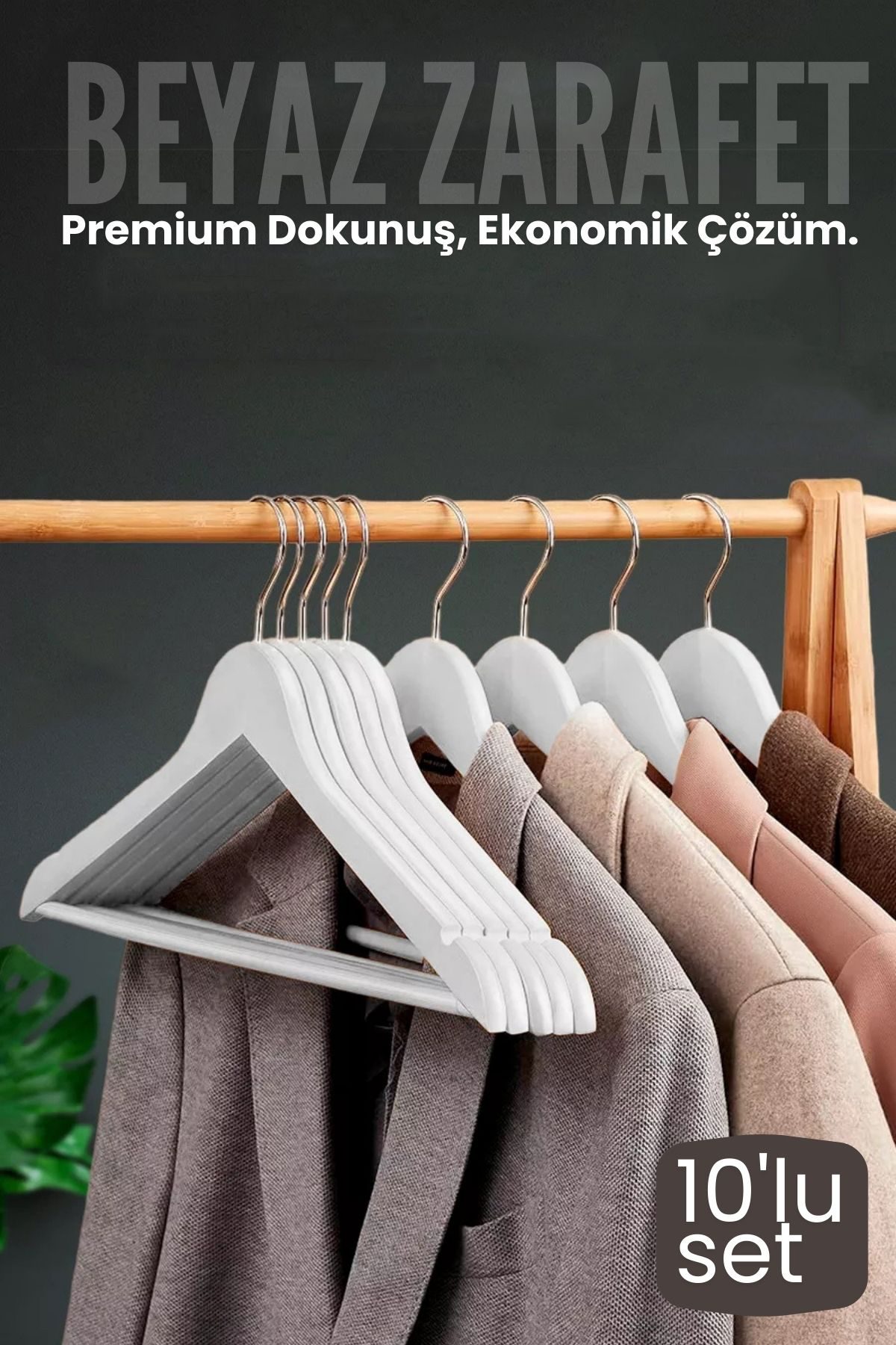 10'lu Lüks Beyaz Elbise Ceket Askısı - Ergonomik & Kaymaz Plastik Askı Seti -  Ahşap Görünümlü 722533