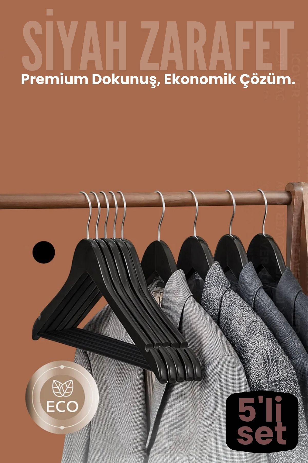 5'li Lüks Siyah Elbise Ceket Askısı - Ergonomik & Kaymaz Plastik Askı Seti -  Ahşap Görünümlü 722532