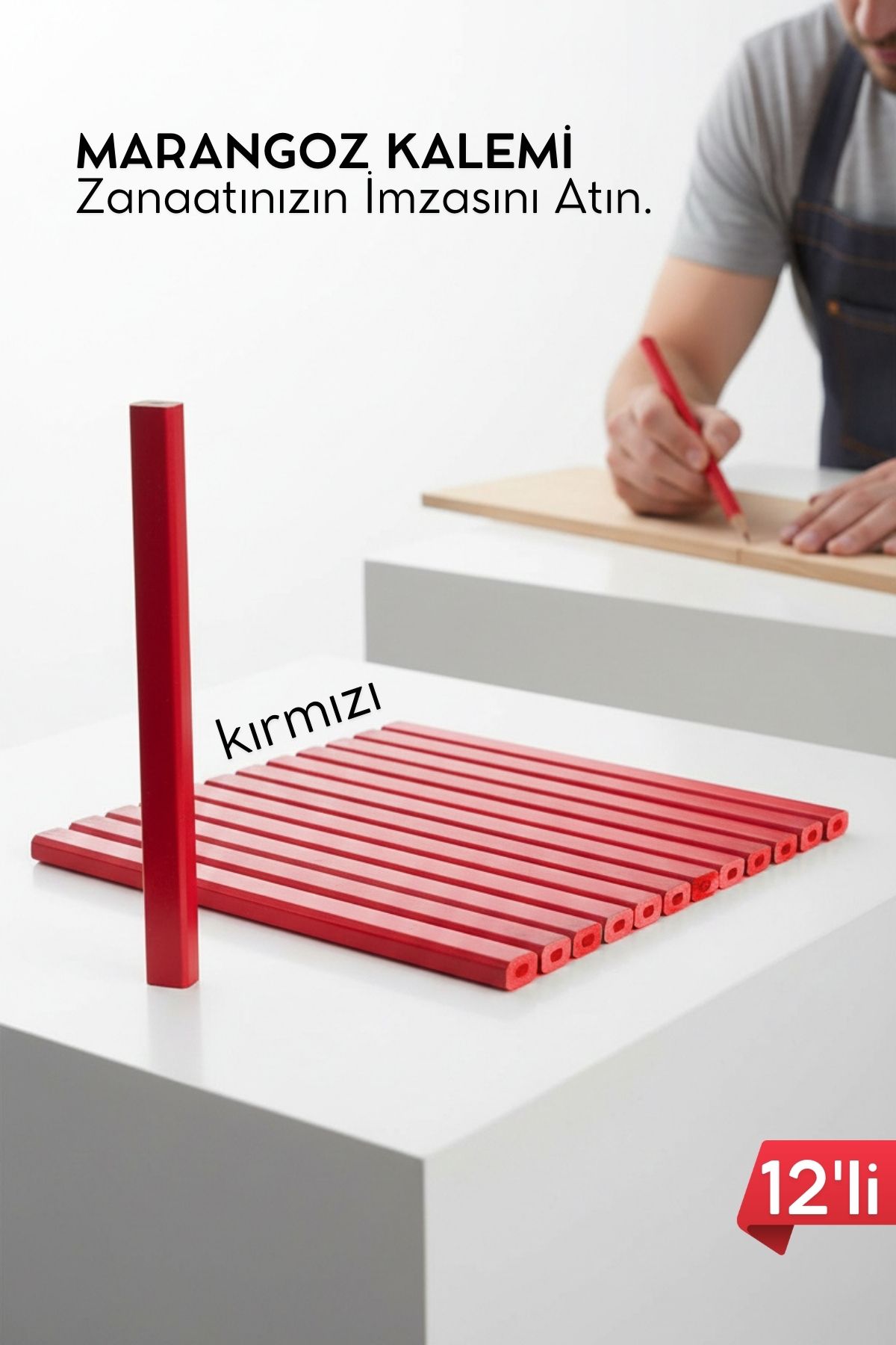 KIRMIZI 12'Lİ  Marangoz Kalemi - Ahşap İşleme Kalemi - Ahşap İşleme İşaretleme Araçları 