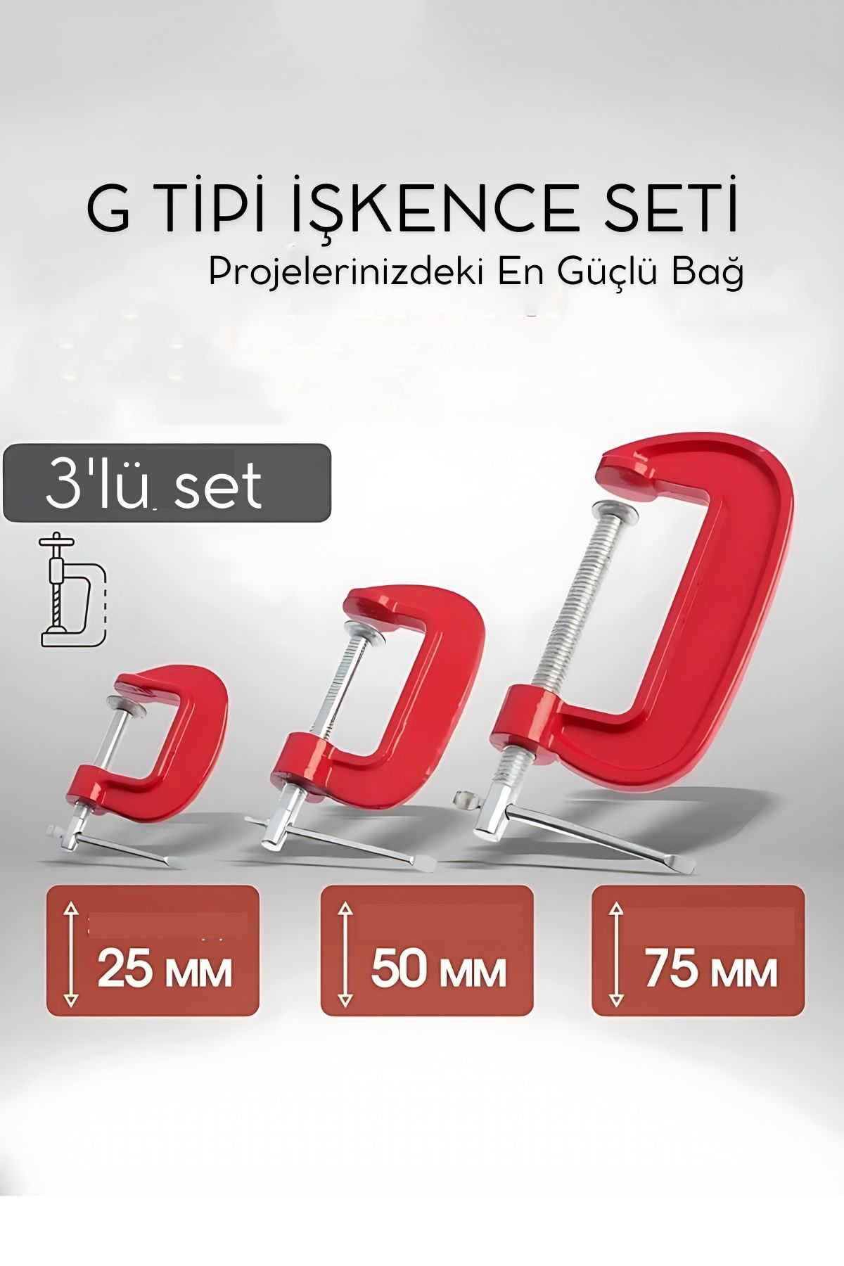 Profesyonel G Tipi İşkence Seti 3'lü: 25-50-75 mm Döküm Metal Ağaç İşleme ve Montaj Kelepçesi Takımı 722507