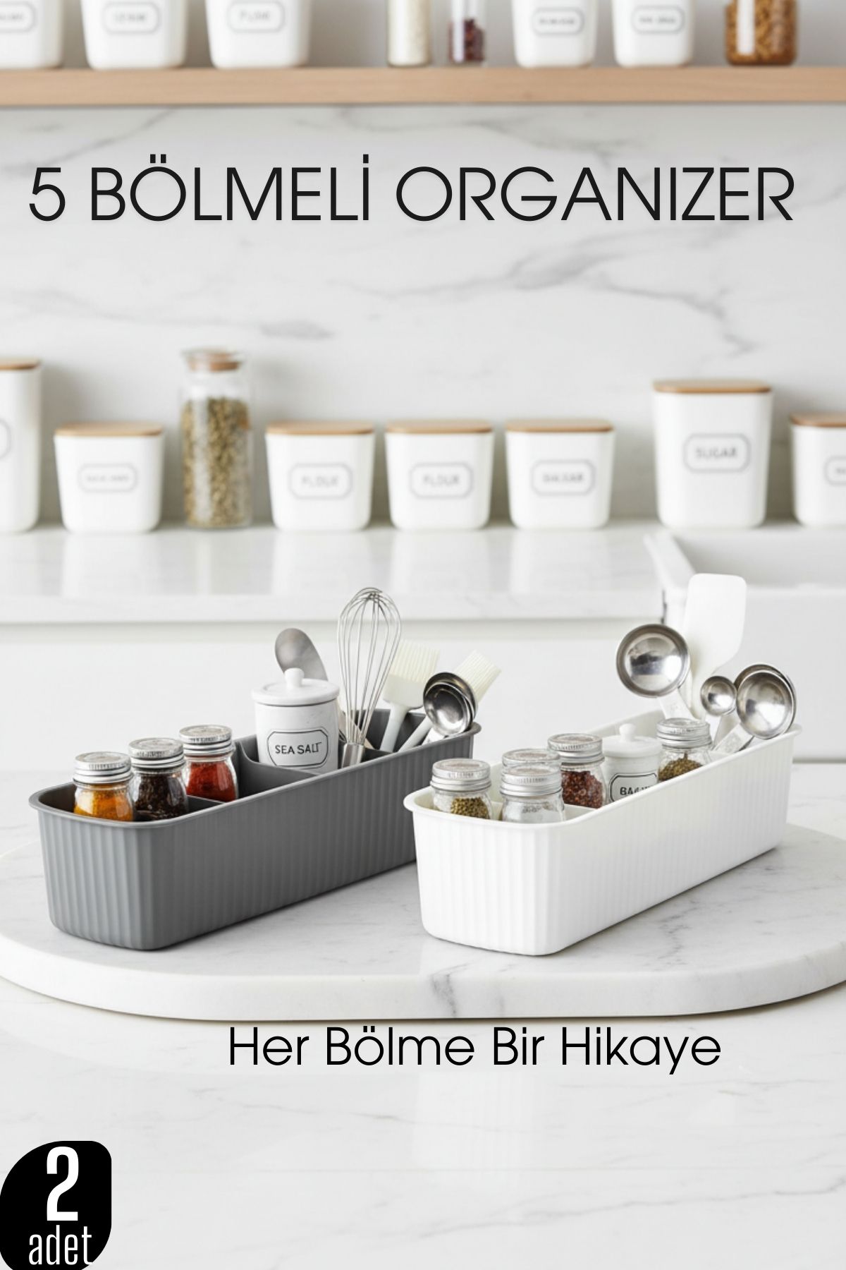 5 Bölmeli Mutfak Organizer Kutusu Gri & Beyaz 2’li Set  Baharat ve Gereç Düzenleyici  722441