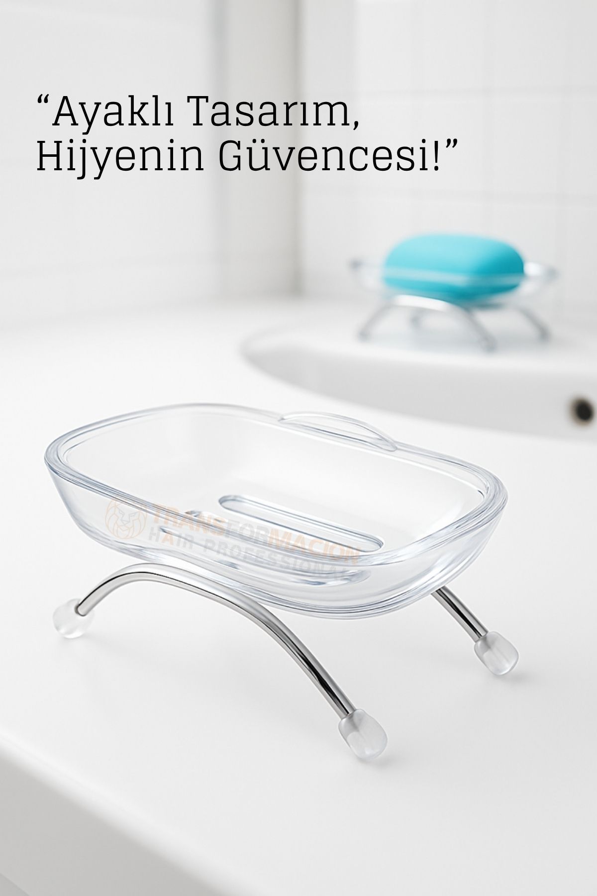 Ayaklı Sabunluk – Su Giderli, Şeffaf Tasarım, 12 x 9 cm, Tezgah Üstü Kullanım 722346