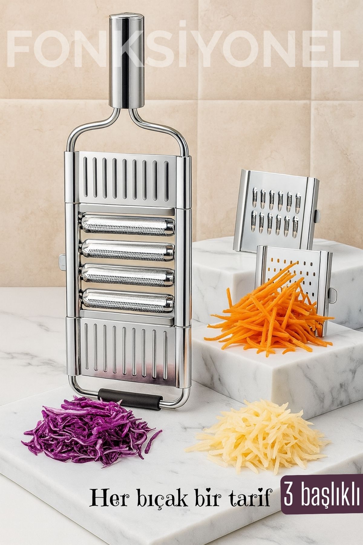 Paslanmaz Çelik Sebze Rendesi – Değiştirilebilir 3 Bıçaklı, Çok Fonksiyonlu, Hızlı ve Pratik  722270