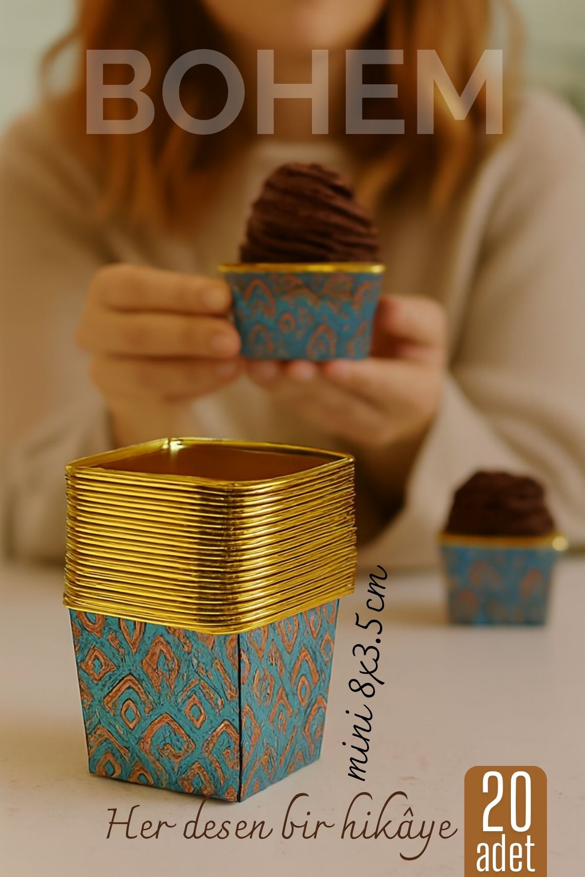 Bohem Kare Kek Kalıbı , Alüminyum  Cupcake Muffin Kalıbı 20'li Paket 722260