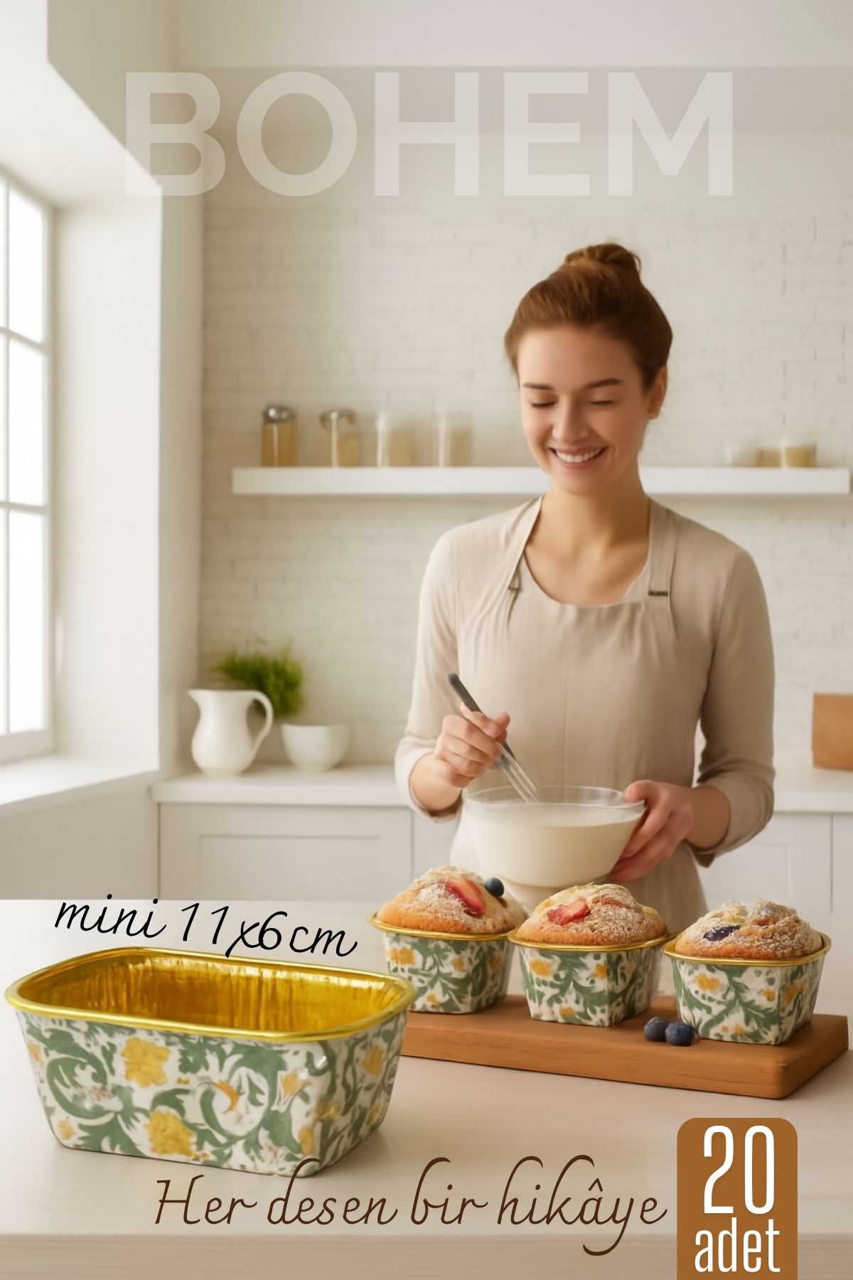 Bohem Dikdörtgen Kek Kalıbı , Alüminyum  Cupcake Muffin Kalıbı 20'li Paket 722259