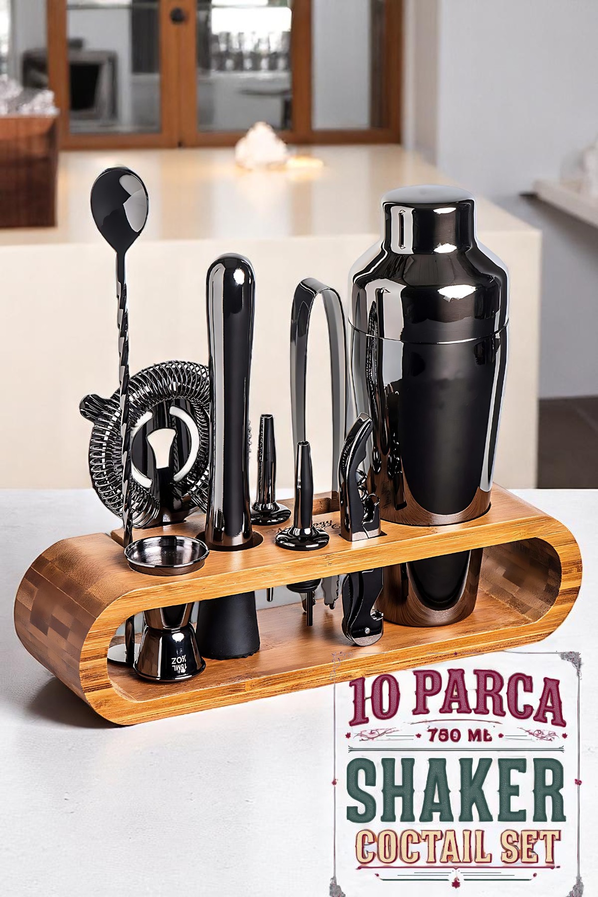 Shaker Kokteyl Set - 10 Parça 750 ML Shaker Coctail Set  Bambu Standlı 722203