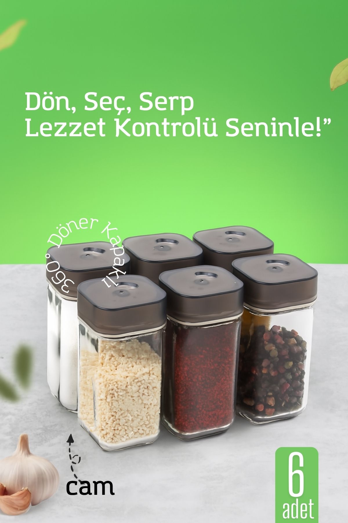 Cam Tuzluk Baharatlık – 360° Döner Kapaklı | 3 Delik Tipiyle Ayarlanabilir Akış  6 ADET 722180