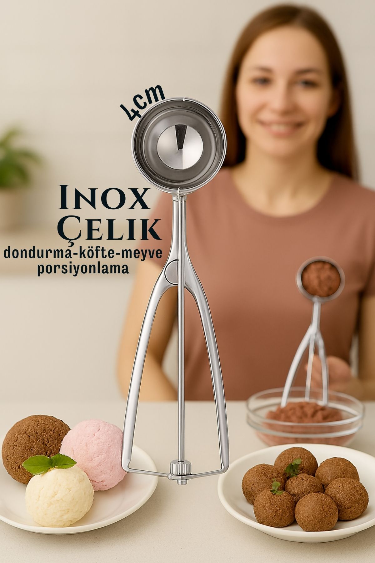 Inox 4 cm Dondurma Kaşığı - Karpuz Kurabiye Köfte Helva Porsiyonlama 722039