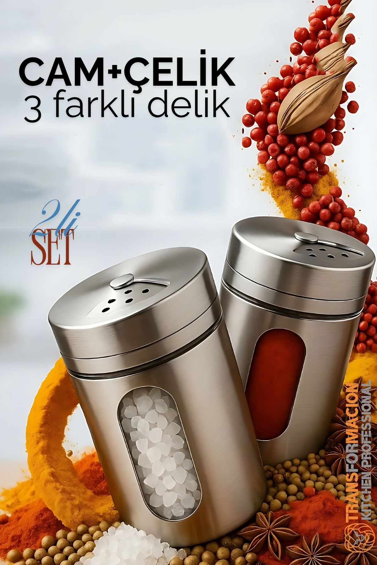 Cam+Çelik Tuzluk Biberlik Karabiberlik 3 Farklı Delikli 2 li SET 721944