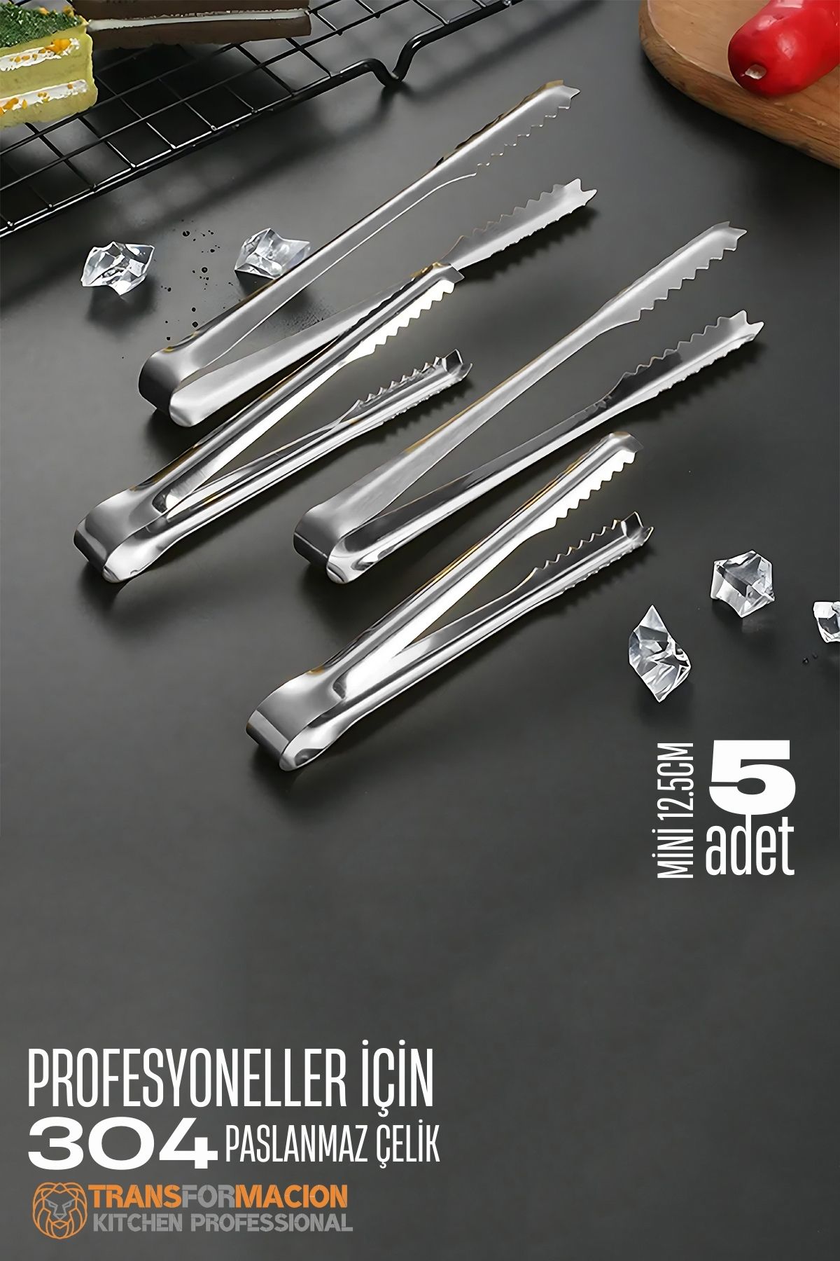 Mini 12.5 cm Buz Maşası - Şeker Limon Maşası Kokteyl Servis Maşası 5 li PAKET 304 Paslanmaz Çelik 721753