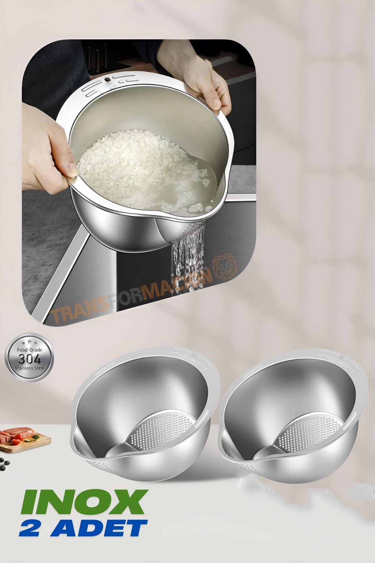 Inox Süzgeç Pirinç Makarna Salata Süzgeci 304 Paslanmaz Çelik 2 ADET 721521