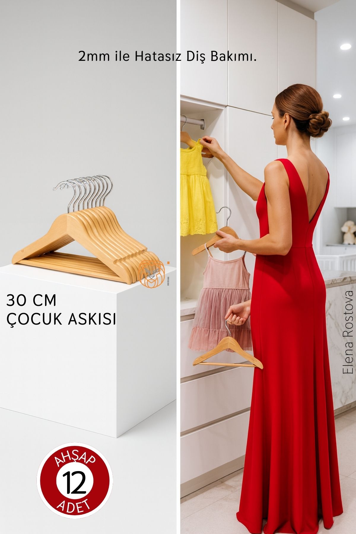 12’li Lüks Masif Ahşap Çocuk Askı Seti - Elena Rostova Stil Seçkisi - 30 cm 719137