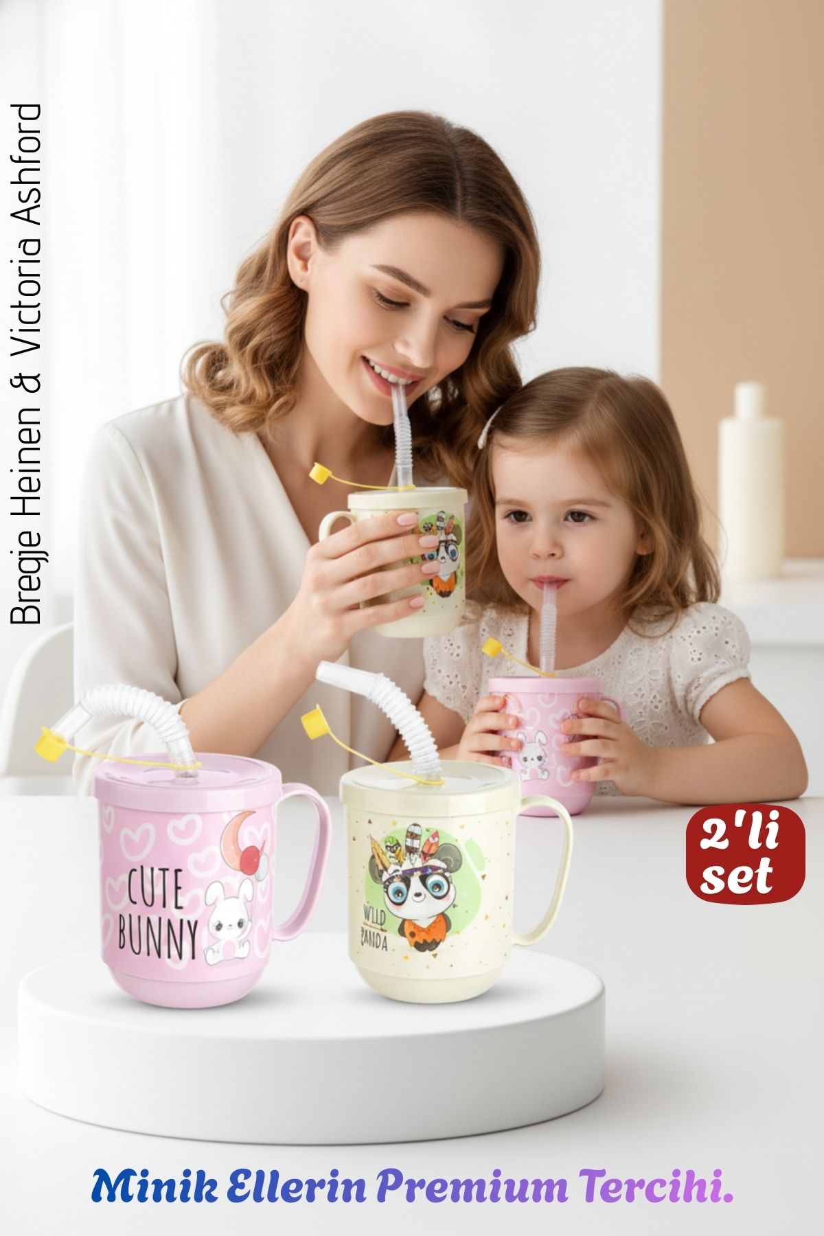 2'li Set | Pipetli Kupa Kulplu Çocuk Bardağı  - Anti-Damla Kapaklı - 350 ML Alıştırma Bardağı 718282