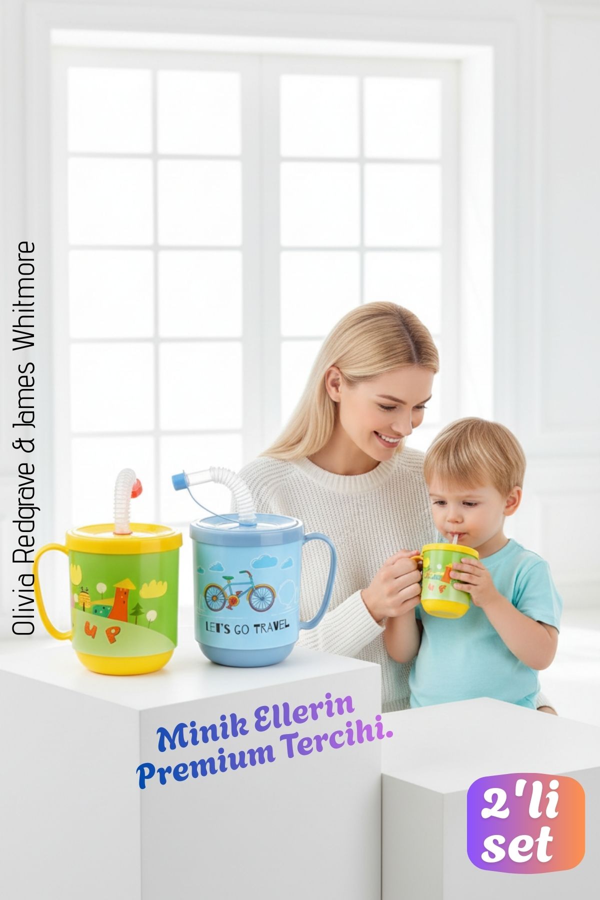 2'li Set | Pipetli Kupa Kulplu Çocuk Bardağı  - Anti-Damla Kapaklı - 350 ML Alıştırma Bardağı 718281