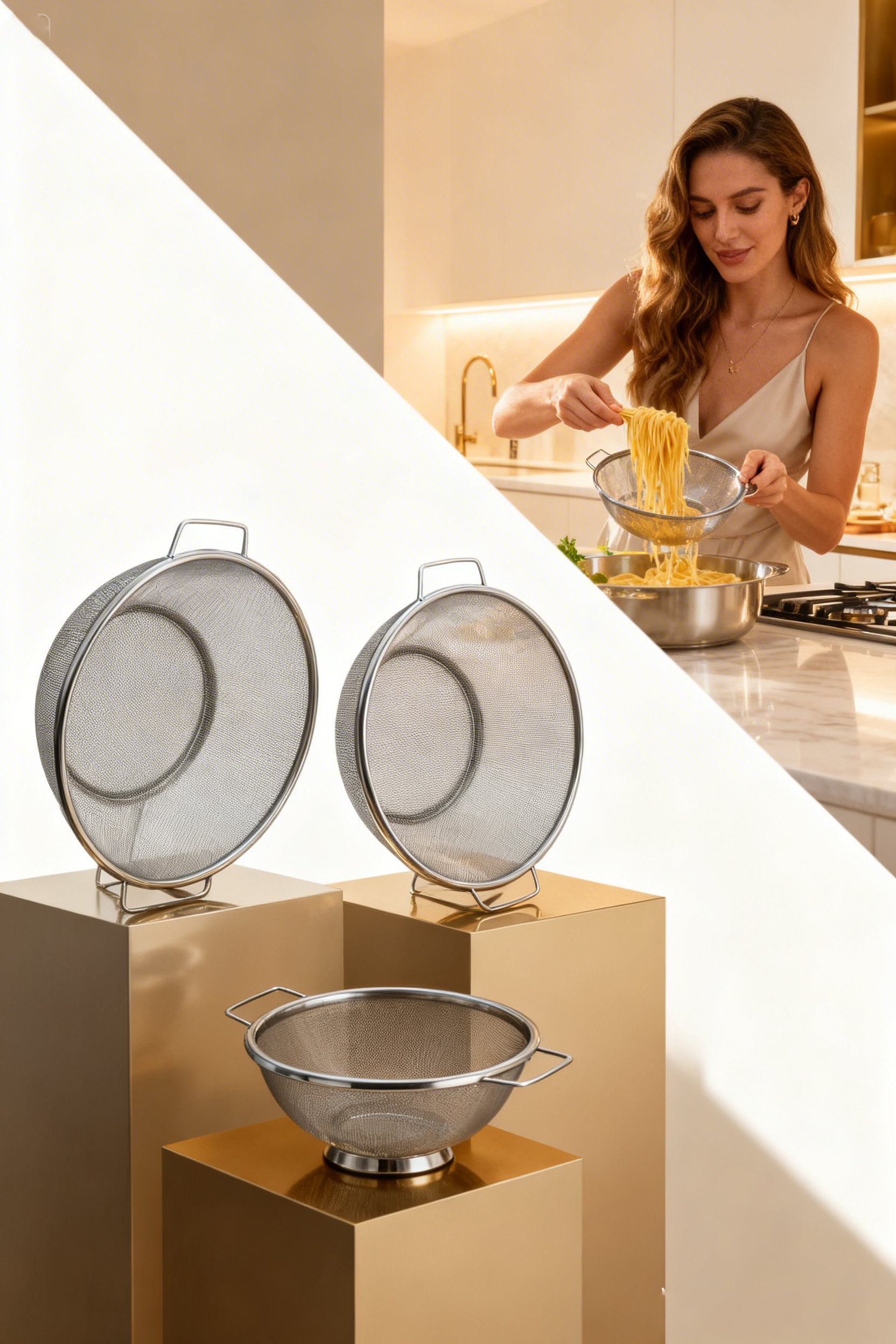  3'lü Profesyonel Mutfak Süzgeç Seti - İnce Süzgeç Kevgir Takımı Paslanmaz Çelik 722897