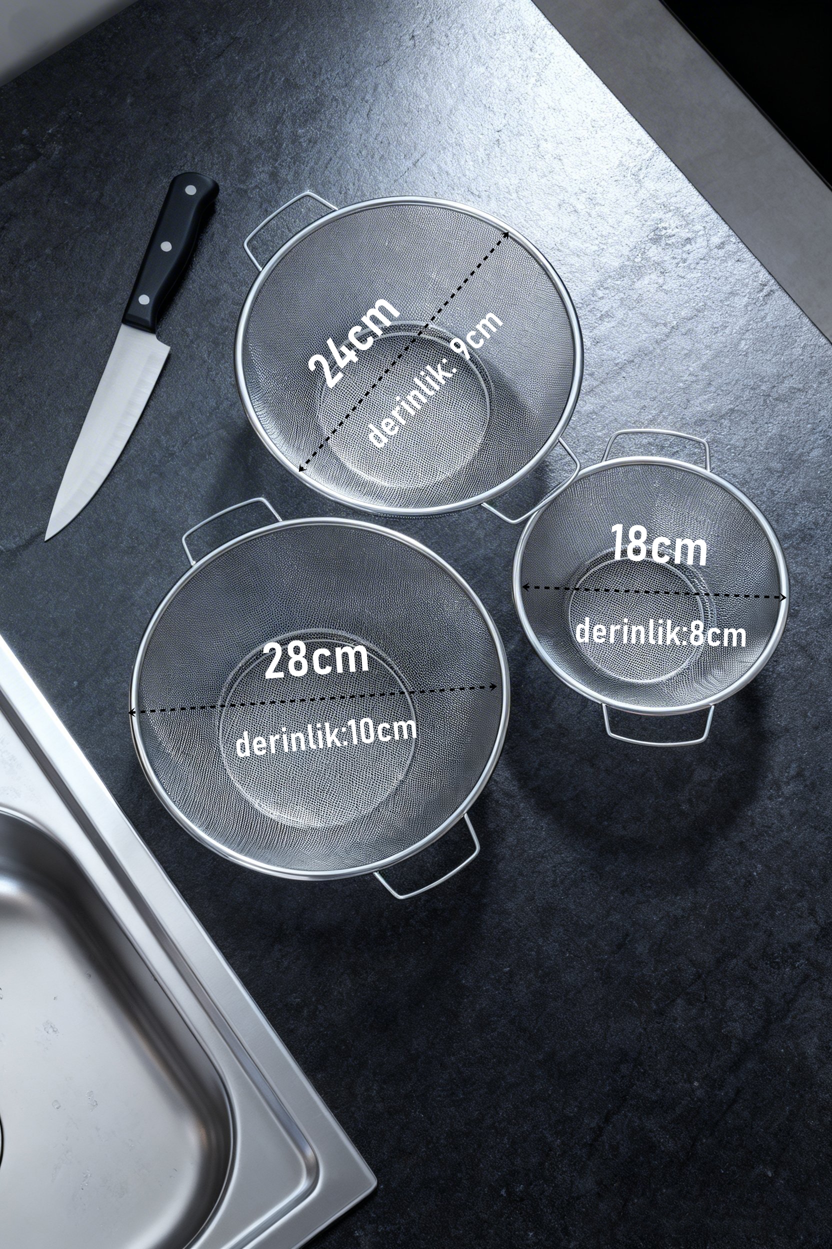  3'lü Profesyonel Mutfak Süzgeç Seti - İnce Süzgeç Kevgir Takımı Paslanmaz Çelik 722897