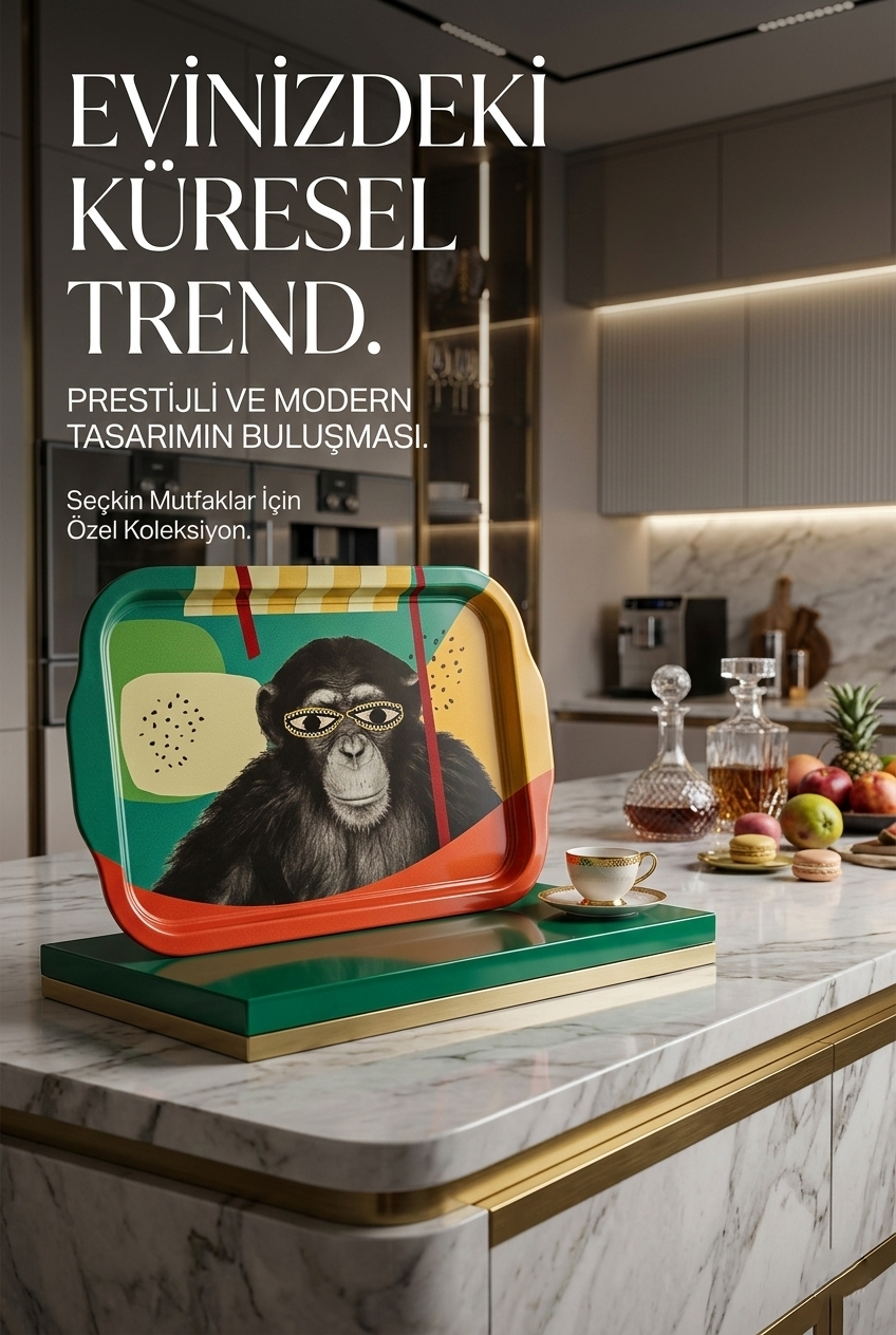 Maymun Desenli Sunum Tepsisi 32x21 Özel Tasarım Çelik 722942