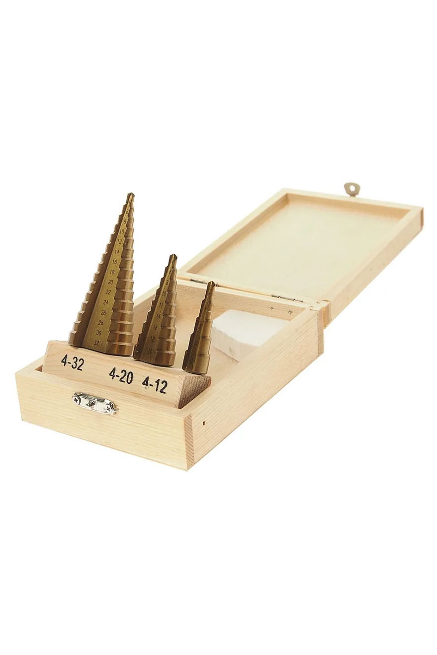Präzision HSS Titanyum Kademeli Panç Matkap Ucu Seti Ahşap Kutulu 722993