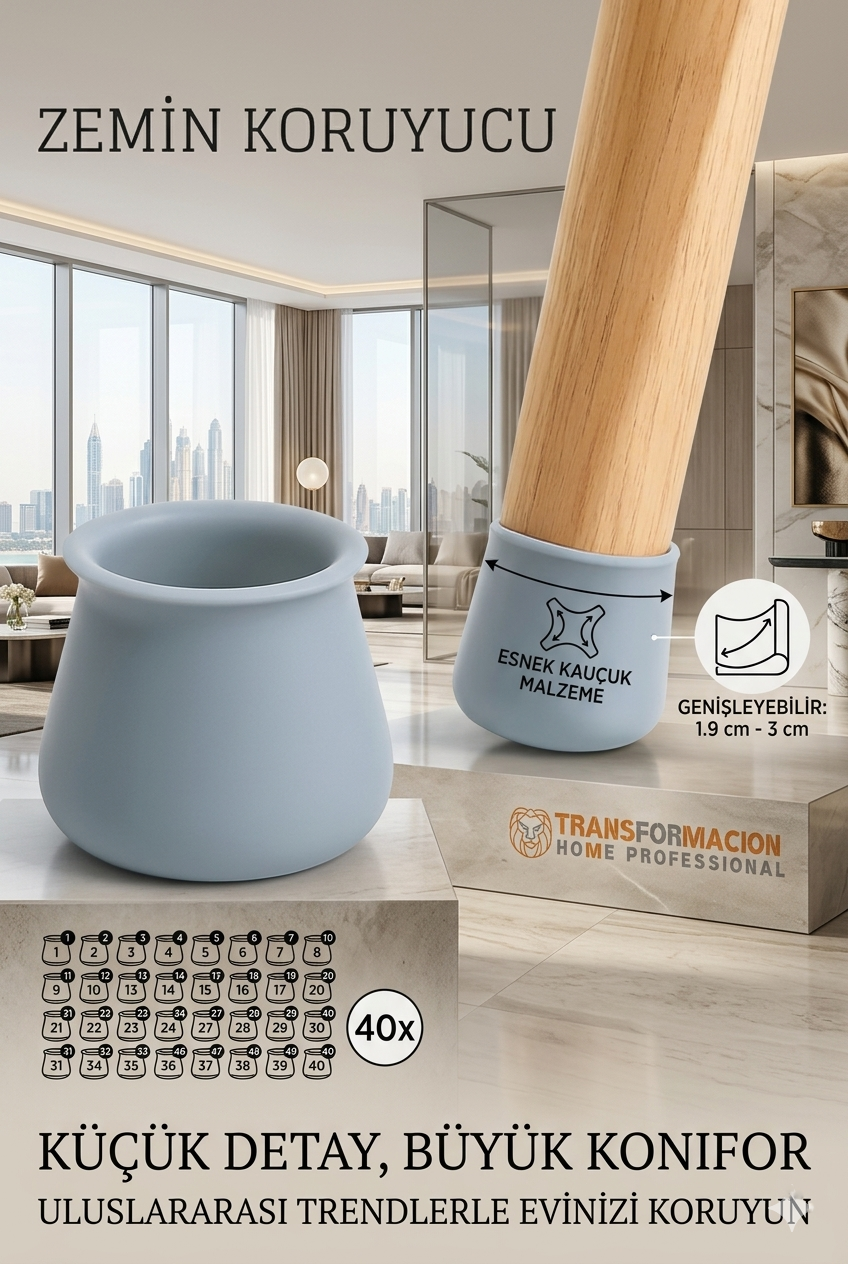 Silikonlu Sandalye Ayak Koruyucu – Sessiz ve Çiziksiz Kullanım, 40’lı Set GRİ 723002