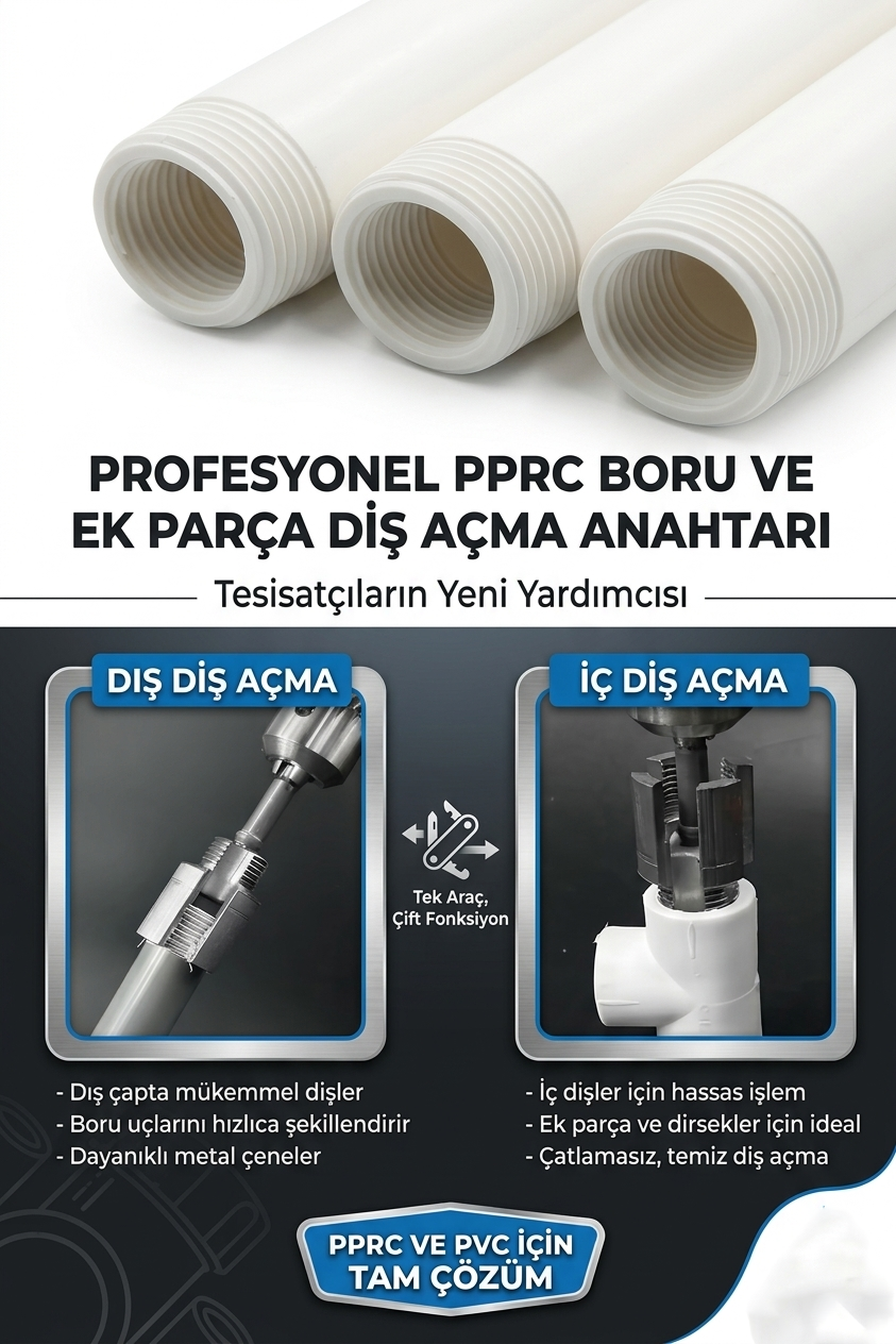 Profesyonel 3 lü  Titanyum PPRC PVC Boru İç ve Diş Açma Aparat Seti  –  Boru Raybası | Mükemmel Kalibrasyon Anahtarı 723011