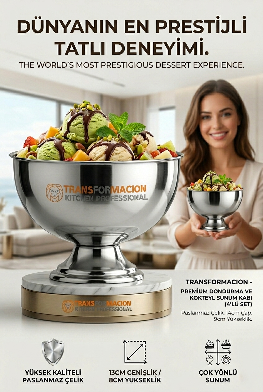 4 lü  Ayaklı Dondurma Tatlı Kokteyl ve Sunum Kasesi -  Paslanmaz Çelik 13 cm 723026